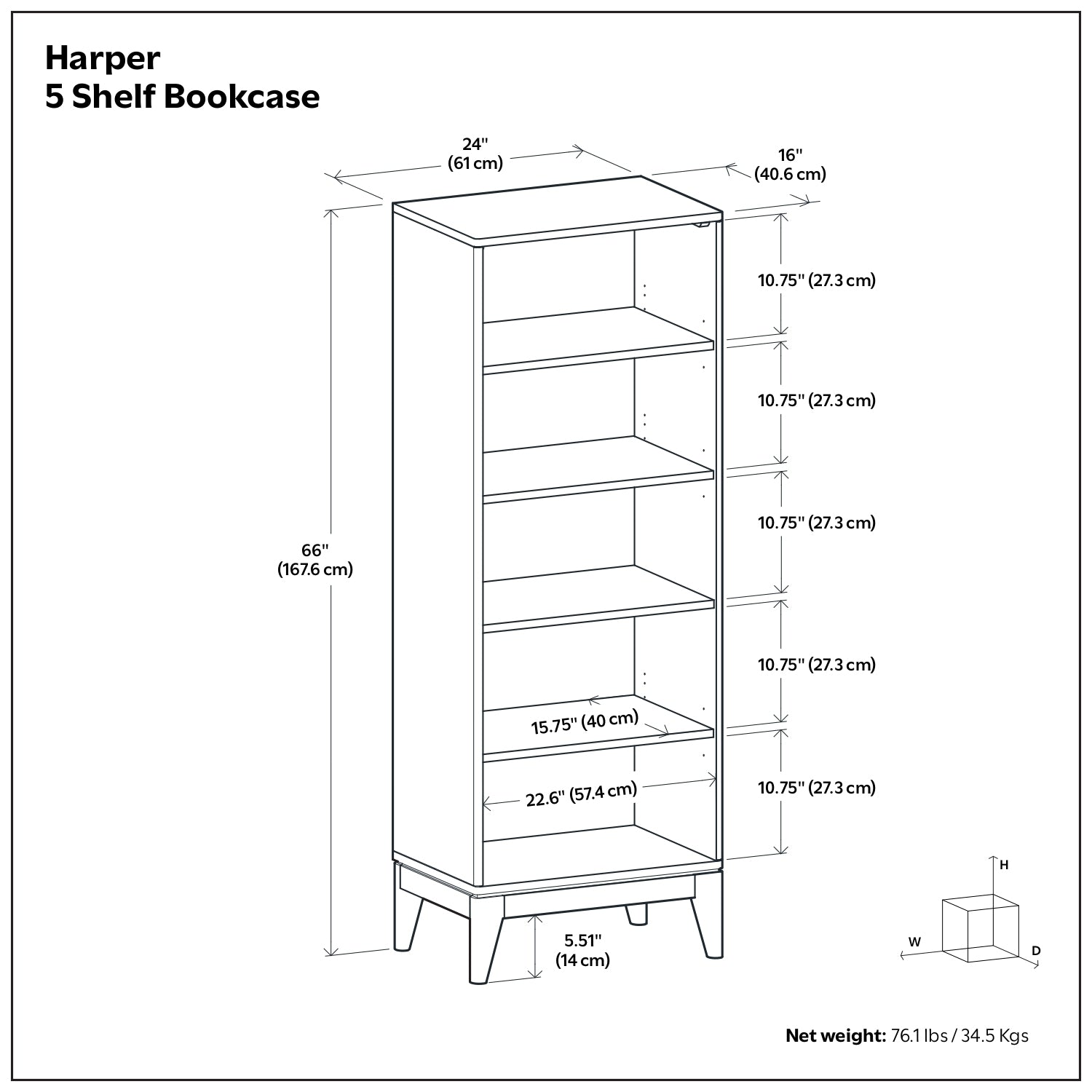 Harper 5 Shelf Bookcase in Walnut Brown with Solid Wood Construction and Mid-Century Modern Design | Premium Home Decor - Gra