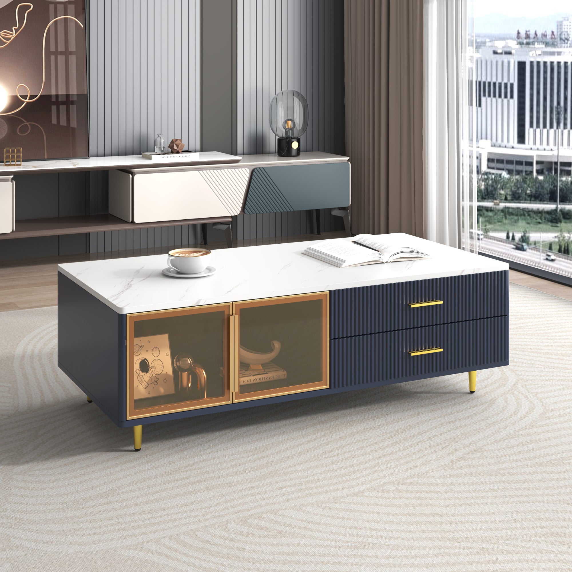Modern Navy Blue Coffee Table with 2 Glass Door Storage, 4 Drawers, Gold Metal Legs, and Multi-Color Lighting in 47.2'' - Grand Goldman Shop