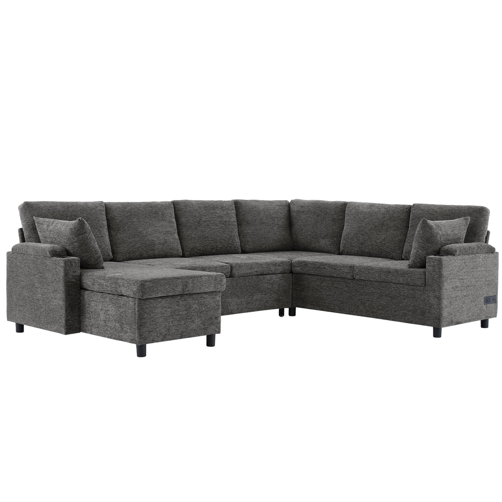 Versatile U-Shaped Sectional Sofa Bed with Storage, Cup Holders, Charging Ports in Grey Chenille - Grand Goldman Shop