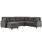 Versatile U-Shaped Sectional Sofa Bed with Storage, Cup Holders, Charging Ports in Grey Chenille - Grand Goldman Shop