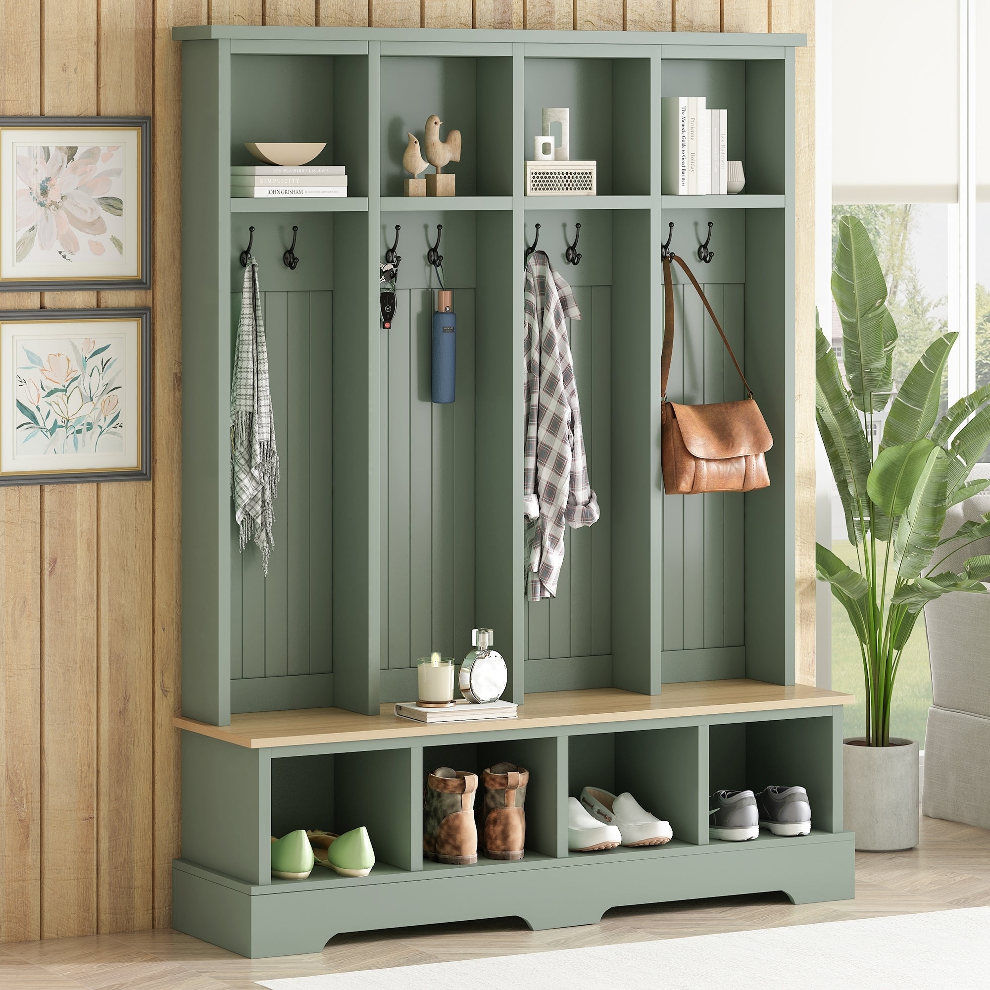 Farmhouse Hall Tree with 8 Hooks, Practical Entryway Bench with Open Compartments, 76.7'H Modern 3-in-1 Wooden Style Coat and Shoe Rack for Mudroom, Living Room, Mint Green (OLD SKU: N721P292601M) - Grand Goldman Shop