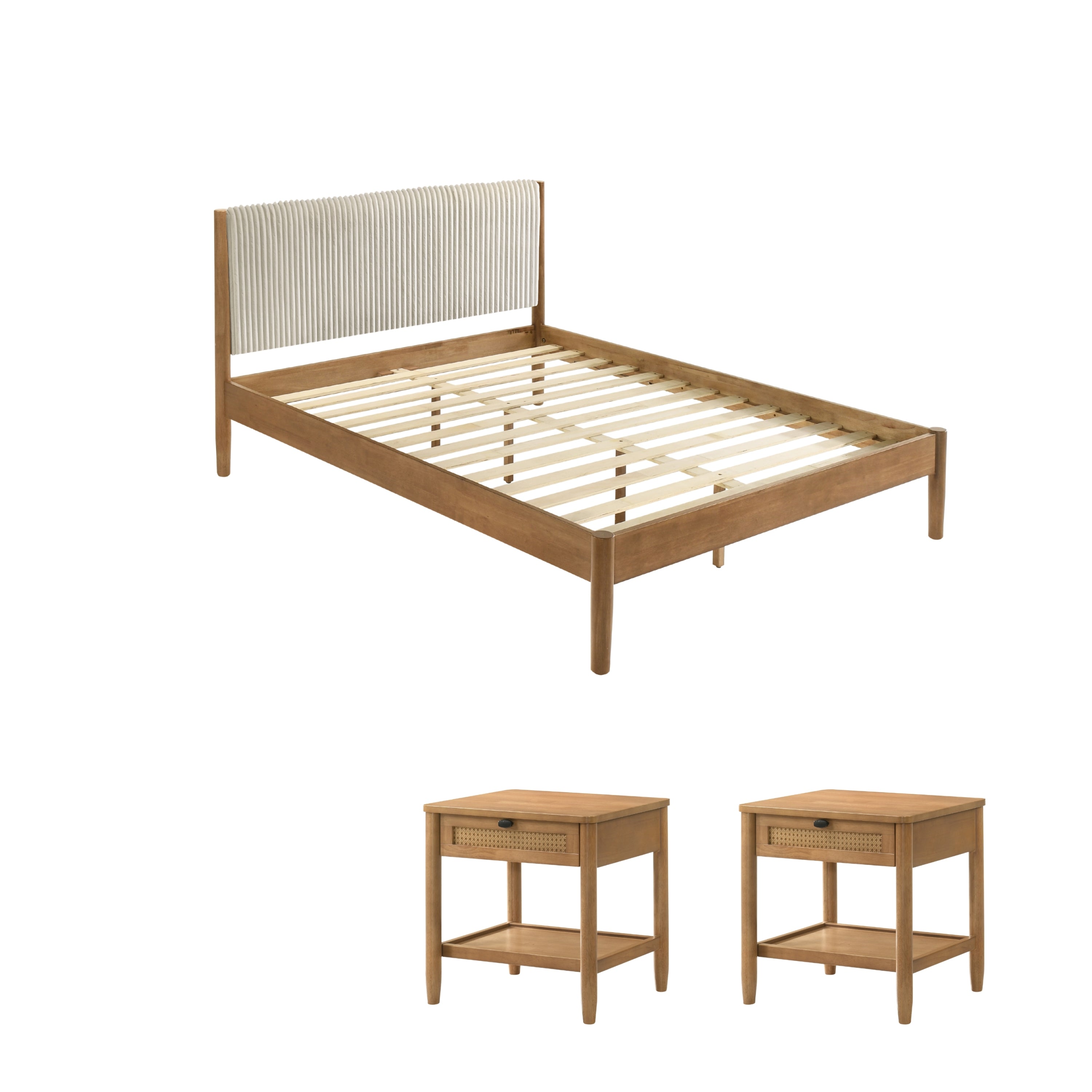 Vichy 3-Piece Rubberwood Corduroy Bedroom Set, Platform Bed with Two Nightstands, Queen - Grand Goldman Shop