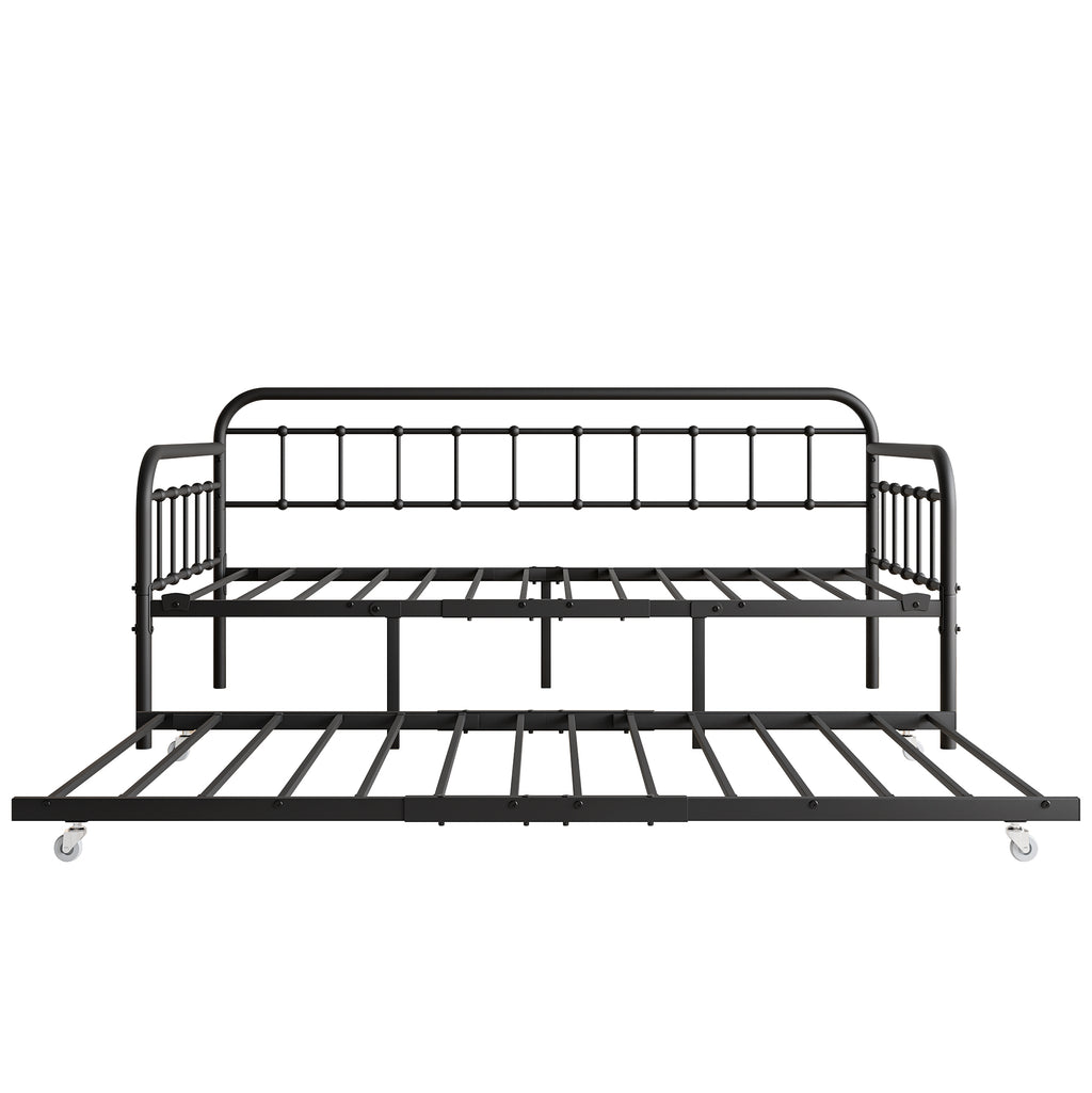 Twin Size Metal Daybed Frame with Trundle, Heavy Duty Steel Slat Support Sofa Bed Platform with Headboard, No Box Spring Needed, Black - Grand Goldman Shop
