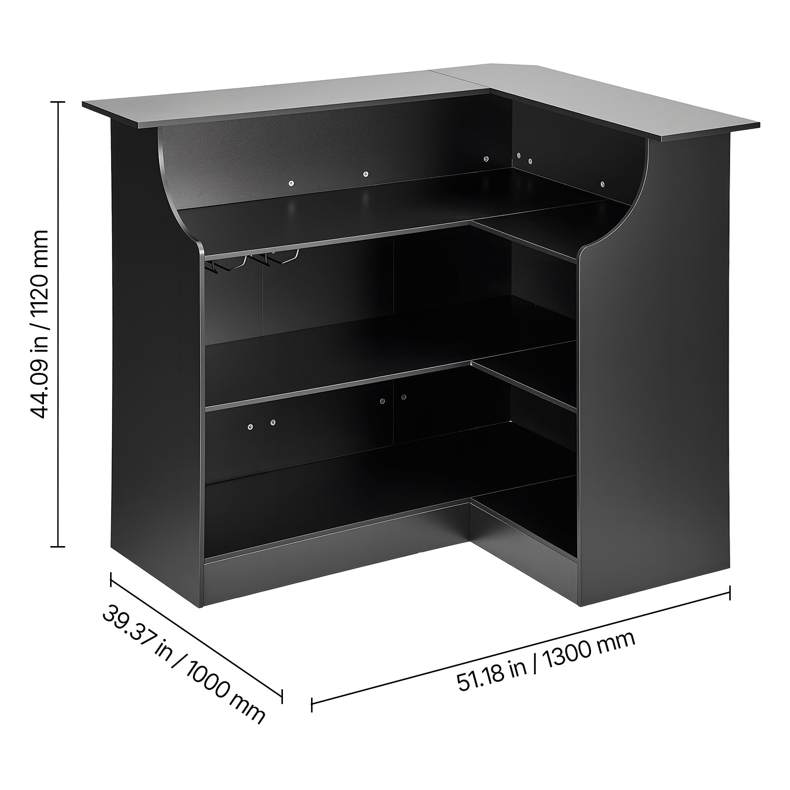 Home Bar Unit, L-Shaped Wine Bar Cabinet Table 4-Tier with Storage Shelves,  Wine Glass Holder, 300 lbs Max Capacity, Wood Liquor Cabinet for Home, Kitchen, Living Room, Pub, Basement, Black - Grand Goldman Shop
