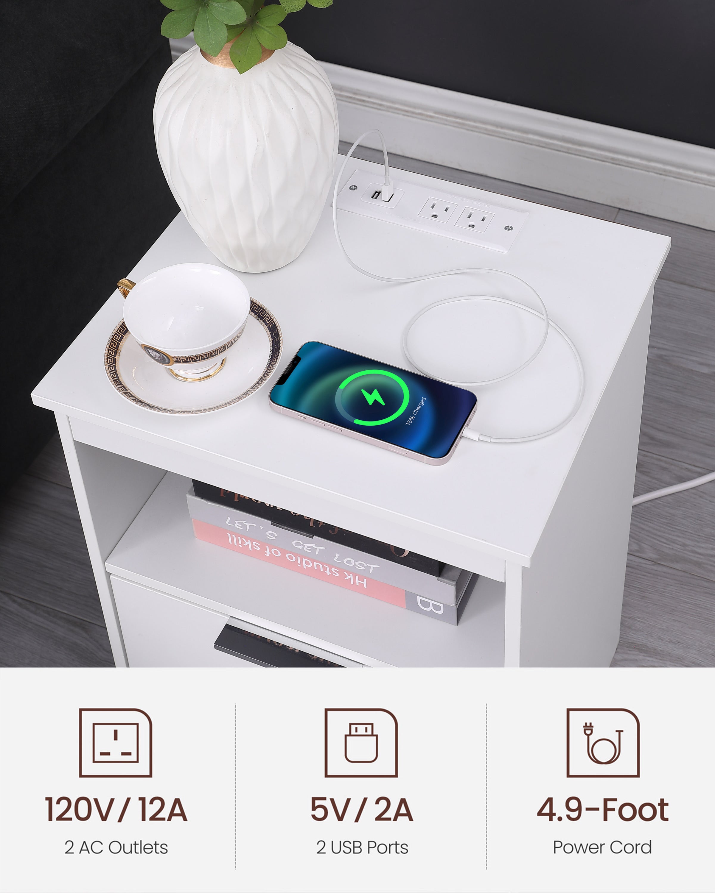 Nightstand with Charging Station,End Table with 2 Drawers,Wooden End Table with Drawer and Opening Shelf,Side Table for Bedroom, White - Grand Goldman Shop