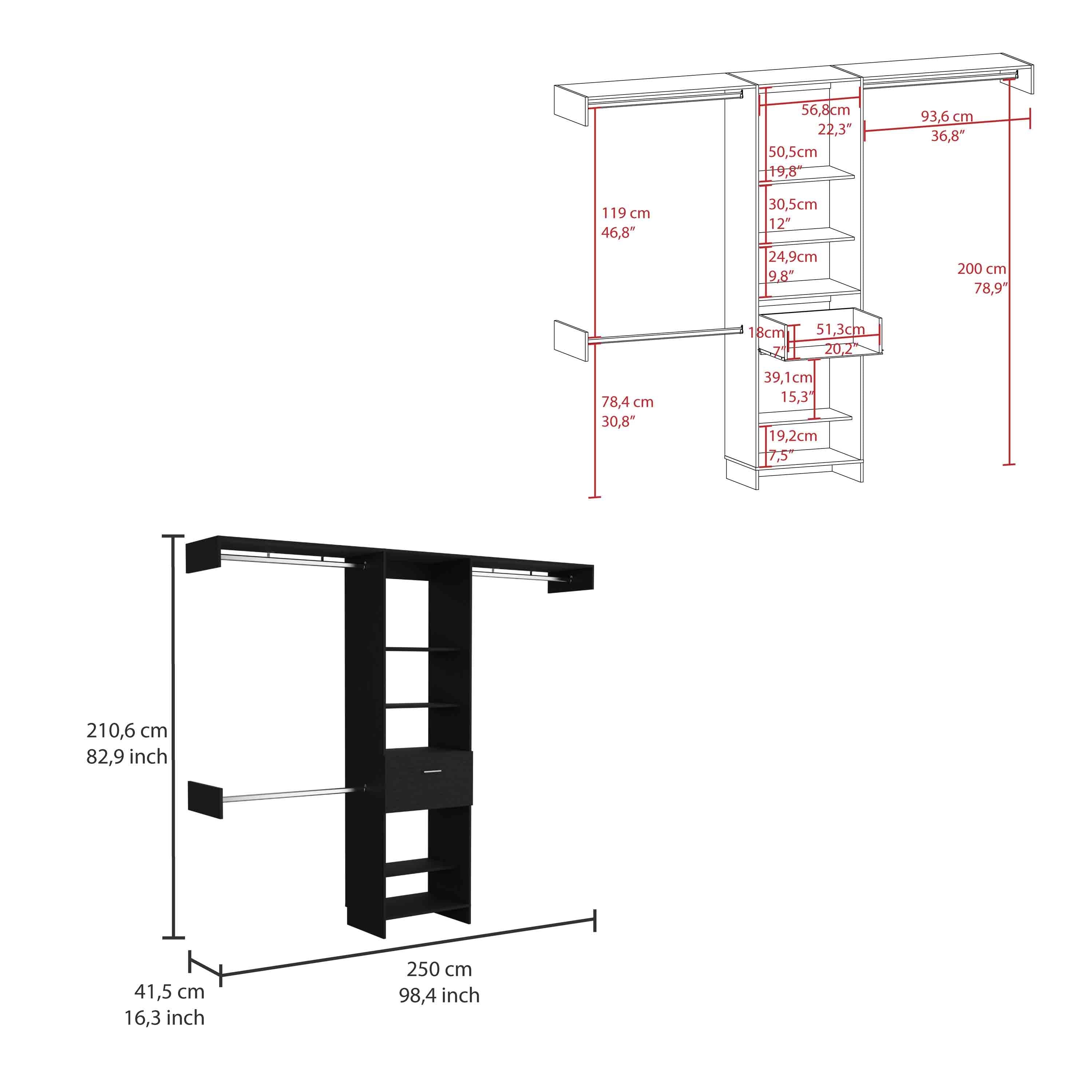 Manchester 250 Closet System, Five Open Shelves, One Drawer, Three Metal Rods -Black - Grand Goldman Shop