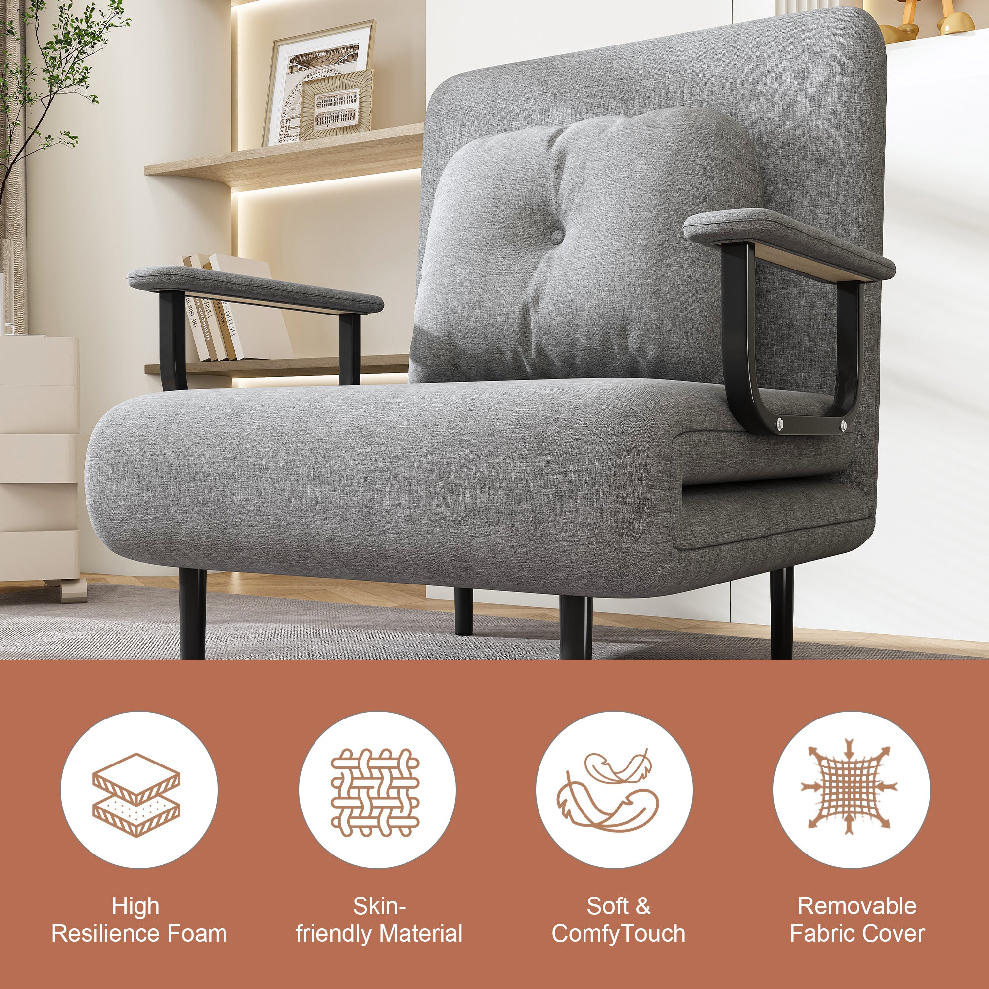 Folding Sofa Bed 5-in-1 Convertible Chair with Adjustable Backrest and Pillow, Grey Flannelette, Compact Design - Grand Goldman Shop