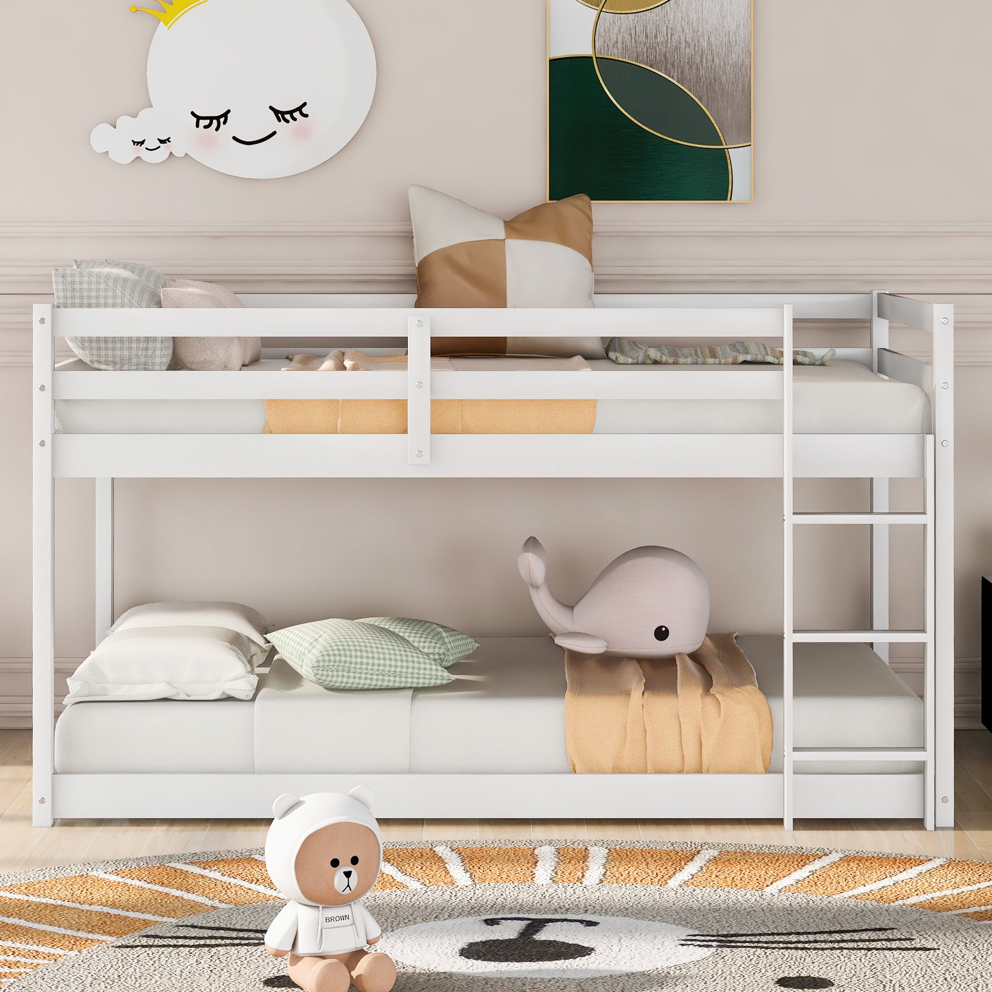White Twin Over Twin Floor Bunk Bed with Ladder, Solid Pine Wood, 79.1''L x 42''W x 46.5''H - Grand Goldman Shop