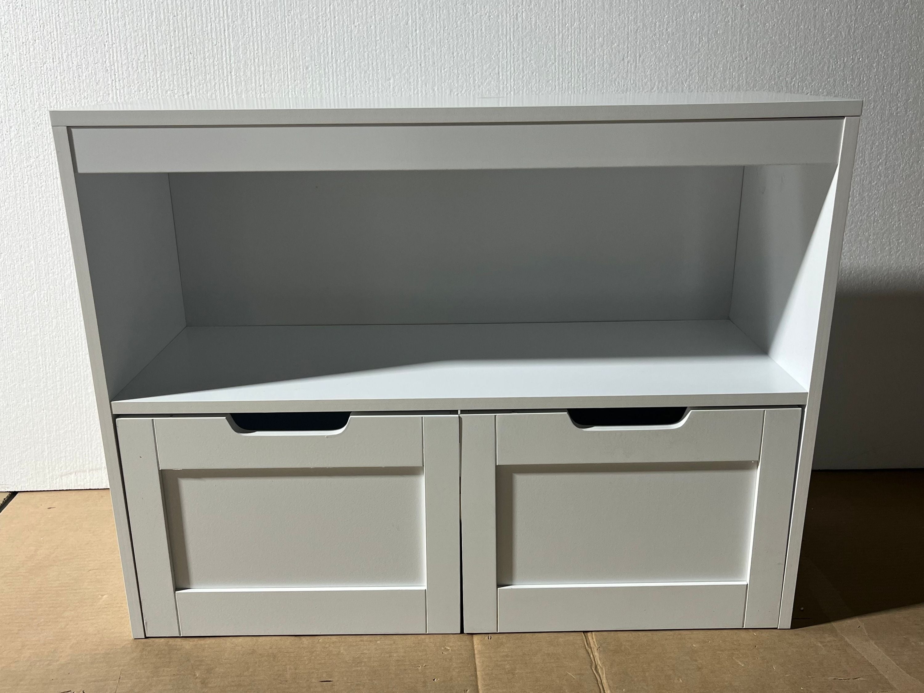 White Book Organizer with Large Drawers and Open Shelves, MDF Toy Storage Cabinet with Removable Wheels and Rounded Edges - G