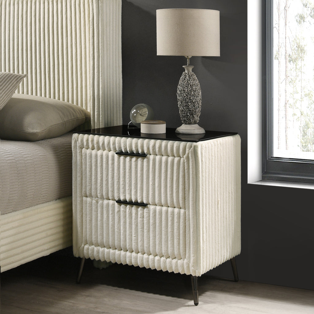 Mavela Wide Wale Corduroy Upholstery Panel Queen Bed with 2 Nightstands, Cream - Grand Goldman Shop
