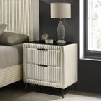 Mavela Wide Wale Corduroy Upholstery Panel Queen Bed with 2 Nightstands, Cream - Grand Goldman Shop