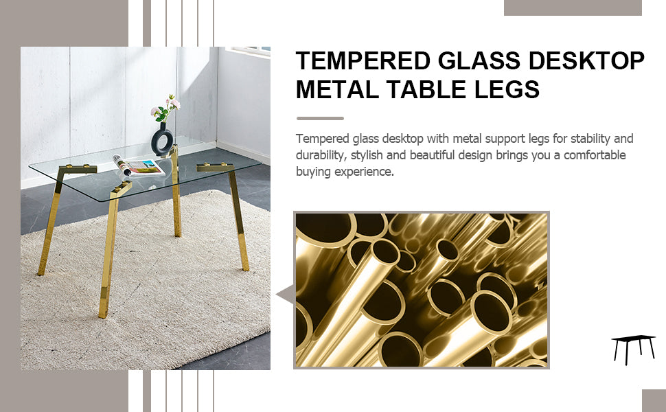Modern minimalist style rectangular glass dining table with tempered glass tabletop and golden metal legs, suitable for kitchen, dining room, and living room, 51 ' * 31.5 ' * 29.5 '   1123 - Grand Goldman Shop