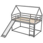 Gray House-Shape Twin Over Twin Bunk Bed with Slide and Ladder, Pine Wood and MDF, 77.4''L x 41.7''W x 70.9''H - Grand Goldman Shop