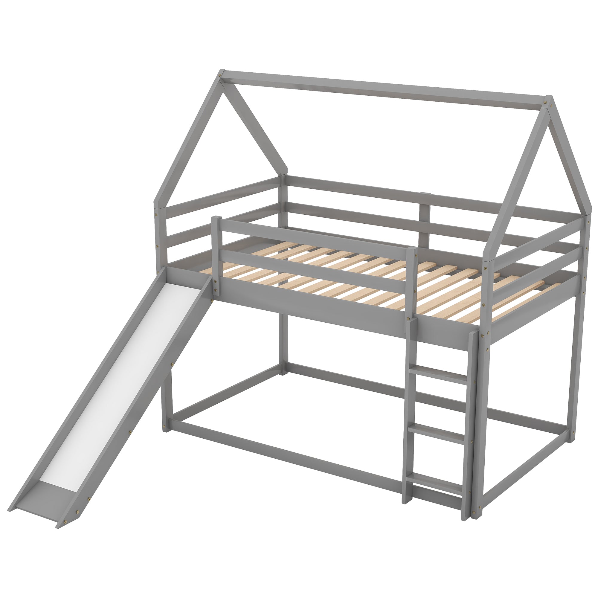 Gray House-Shape Twin Over Twin Bunk Bed with Slide and Ladder, Pine Wood and MDF, 77.4''L x 41.7''W x 70.9''H - Grand Goldman Shop
