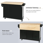 Kitchen Cart with Rubber wood Drop-Leaf Countertop ,Cabinet door internal storage racks,Kitchen Island on 5 Wheels with Storage Cabinet and 3 Drawers for Dinning Room, Black - Grand Goldman Shop