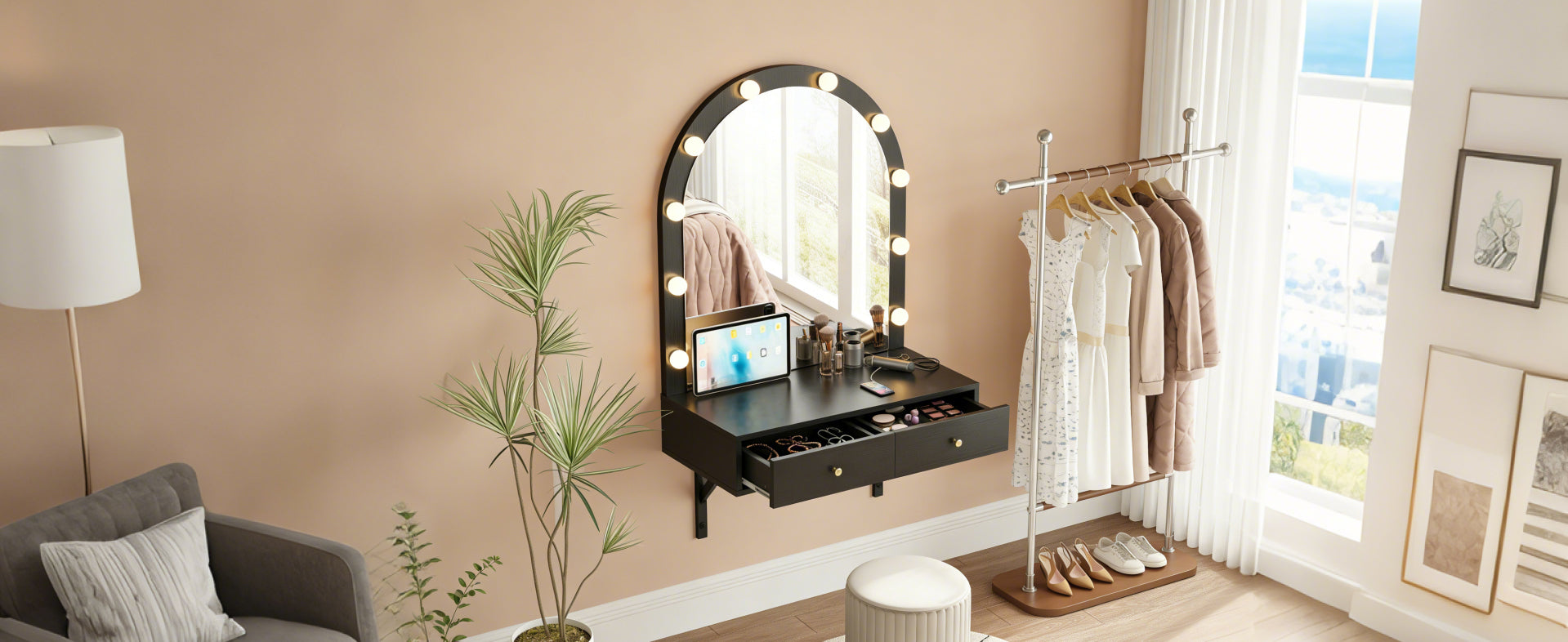 Floating Wall Mounted Makeup Vanity Desk with LED Mirror 3 Color Lights, Compact Dressing Table with Power Outlet & USB Charging, Space Saving Large Storage Vanity for Bedroom Bathroom, Black - Grand Goldman Shop