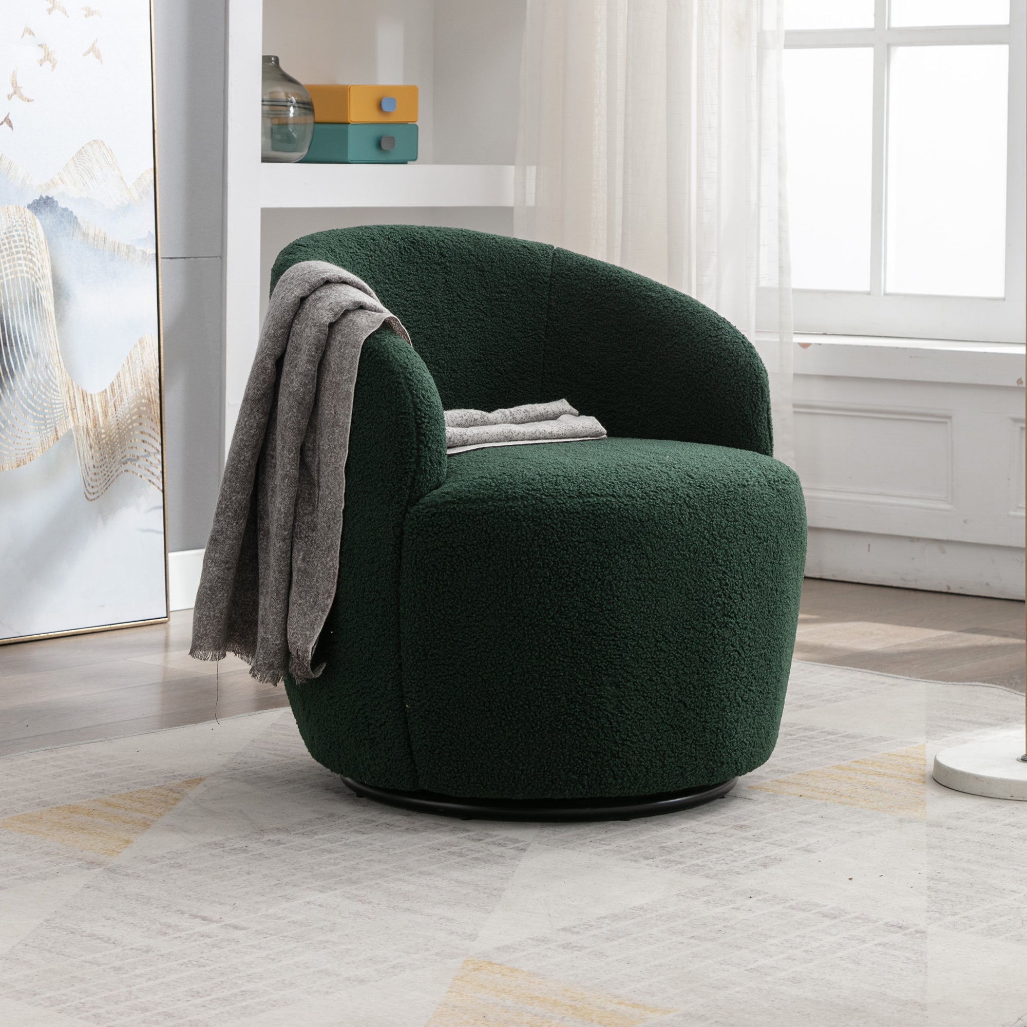 Teddy Fabric Swivel Accent Armchair Barrel Chair With Black Powder Coating Metal Ring,Dark Green - Grand Goldman Shop