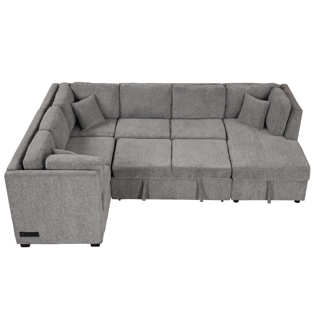 U-shaped Sectional Sofa Pull out Sofa Bed with USB Ports, Power Sockets, Storage Chaise, Light Gray Chenille, 108.6' - Grand Goldman Shop