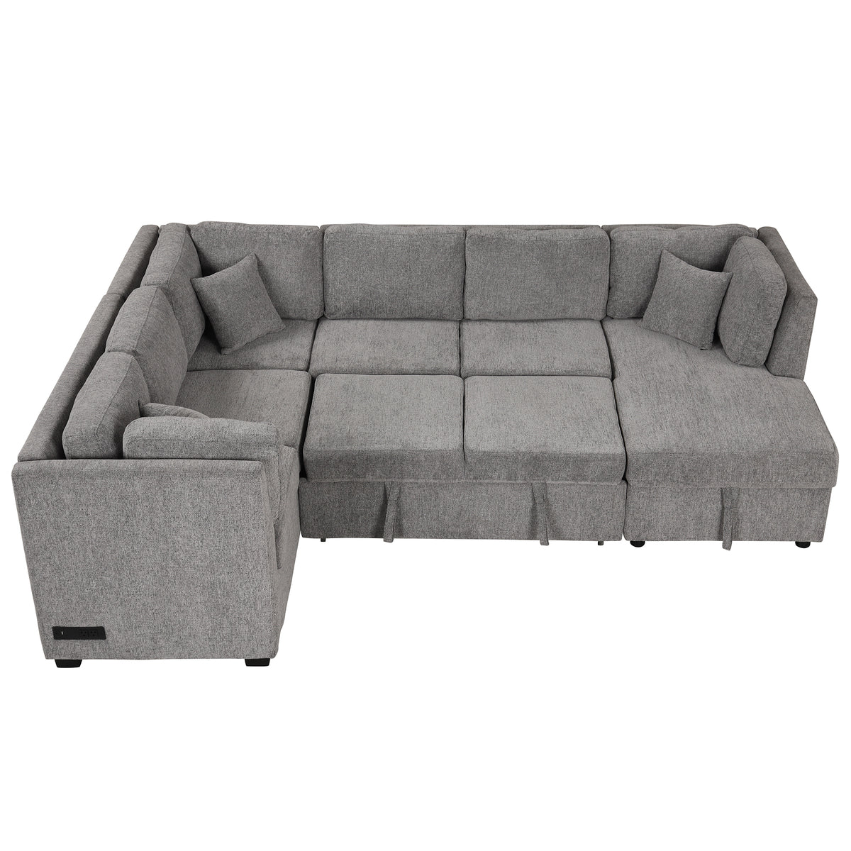 U-shaped Sectional Sofa Pull out Sofa Bed with USB Ports, Power Sockets, Storage Chaise, Light Gray Chenille, 108.6' - Grand Goldman Shop