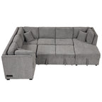 U-shaped Sectional Sofa Pull out Sofa Bed with USB Ports, Power Sockets, Storage Chaise, Light Gray Chenille, 108.6' - Grand Goldman Shop