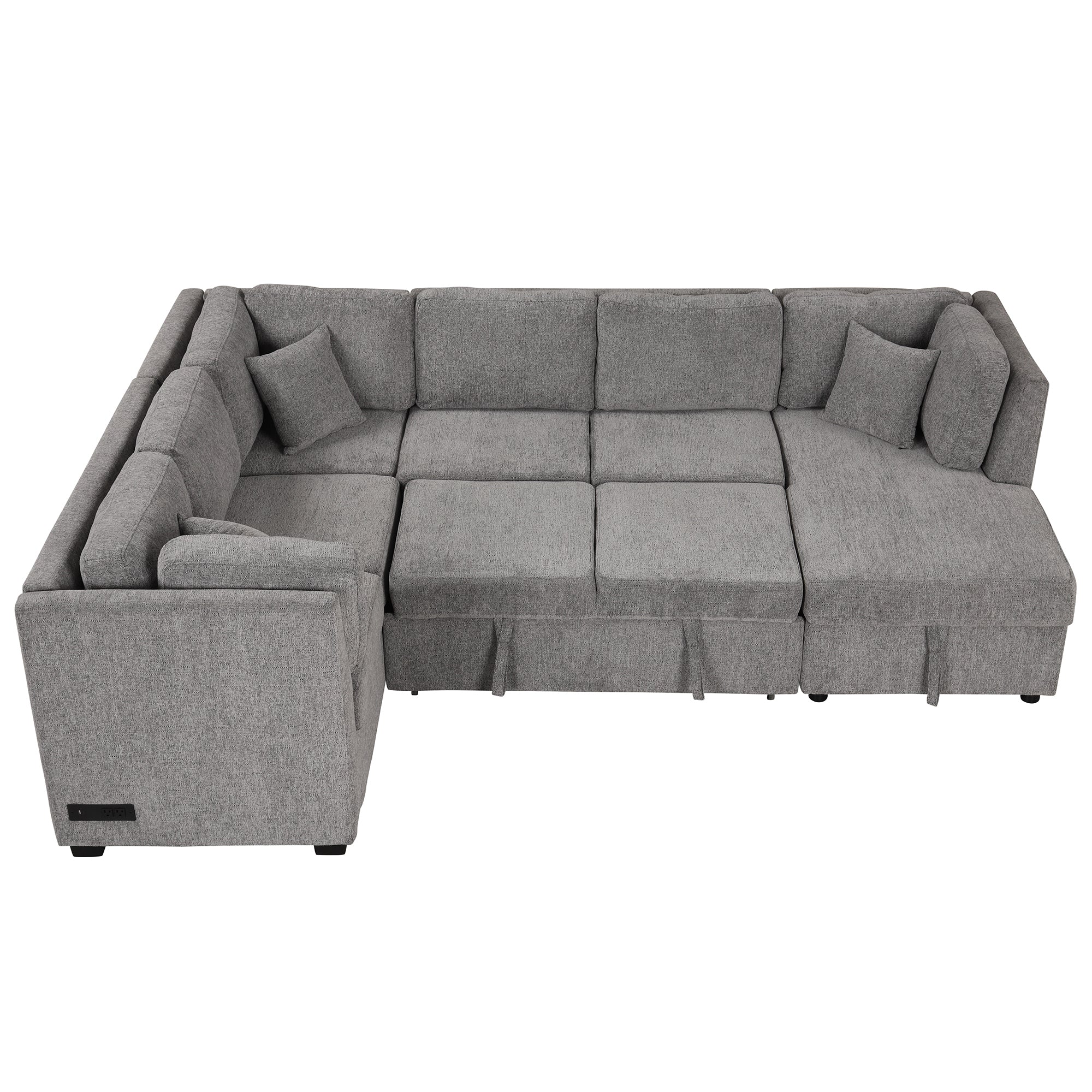 U-shaped Sectional Sofa Pull out Sofa Bed with USB Ports, Power Sockets, Storage Chaise, Light Gray Chenille, 108.6' - Grand Goldman Shop