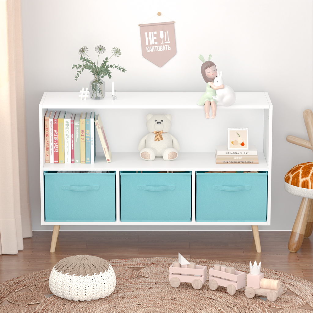 Kids bookcase with Collapsible Fabric Drawers, Children's Book Display, Toy Storage Cabinet Organizer, White/Blue | Premium H