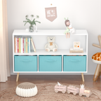 Kids bookcase with Collapsible Fabric Drawers, Children's Book Display, Toy Storage Cabinet Organizer, White/Blue | Premium H
