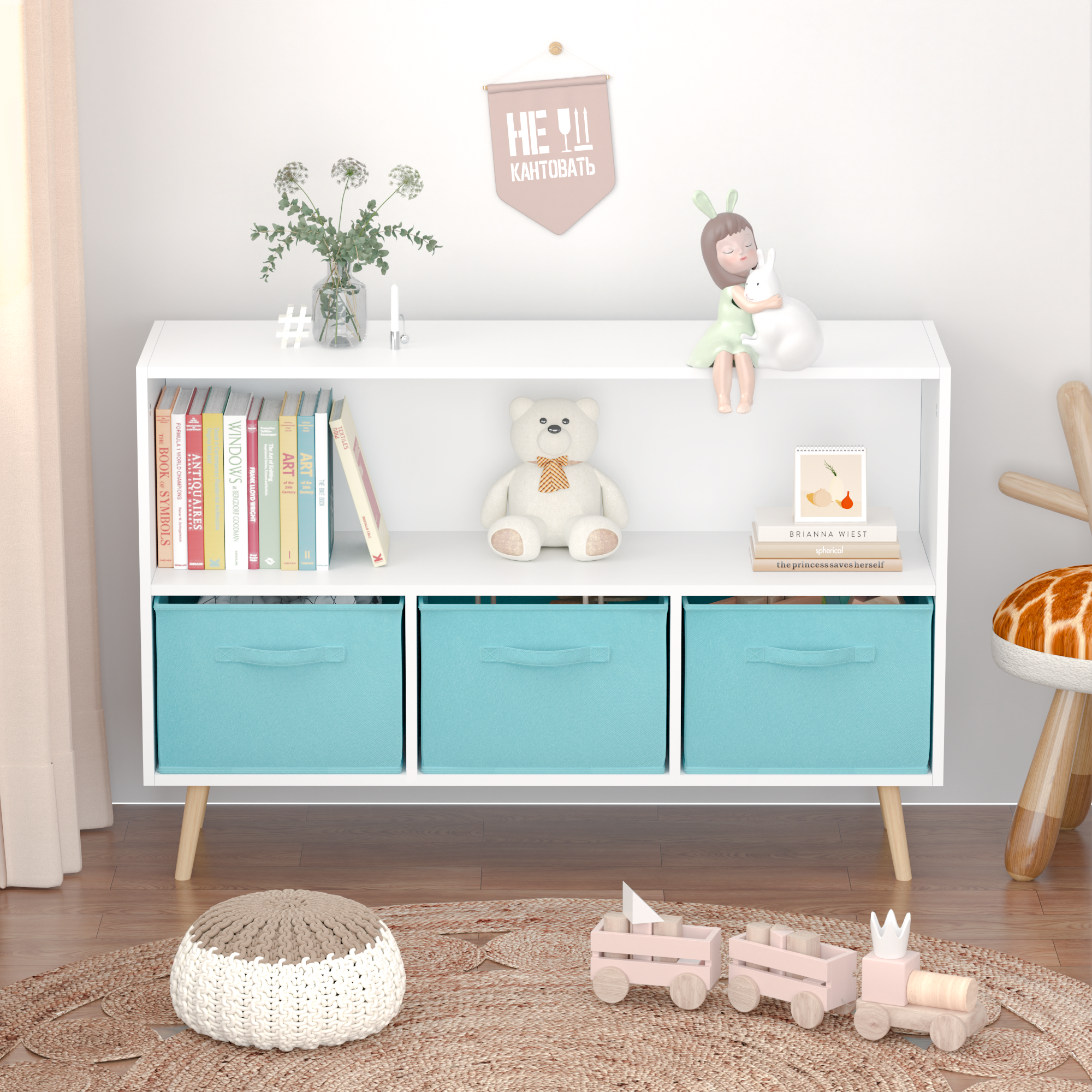 Kids bookcase with Collapsible Fabric Drawers, Children's Book Display, Toy Storage Cabinet Organizer, White/Blue | Premium H
