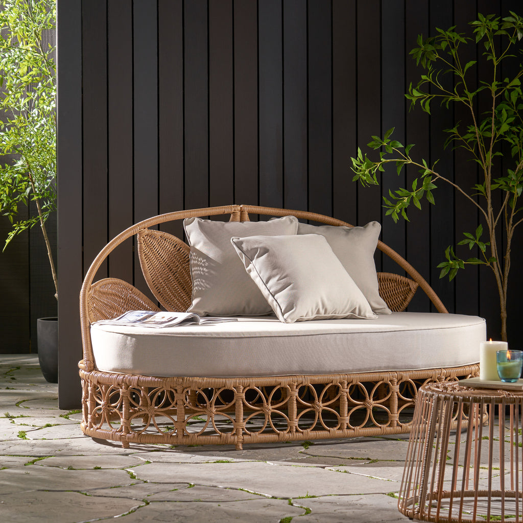 Outdoor Wicker Daybed With Pillows, Light Brown and Beige - Grand Goldman Shop