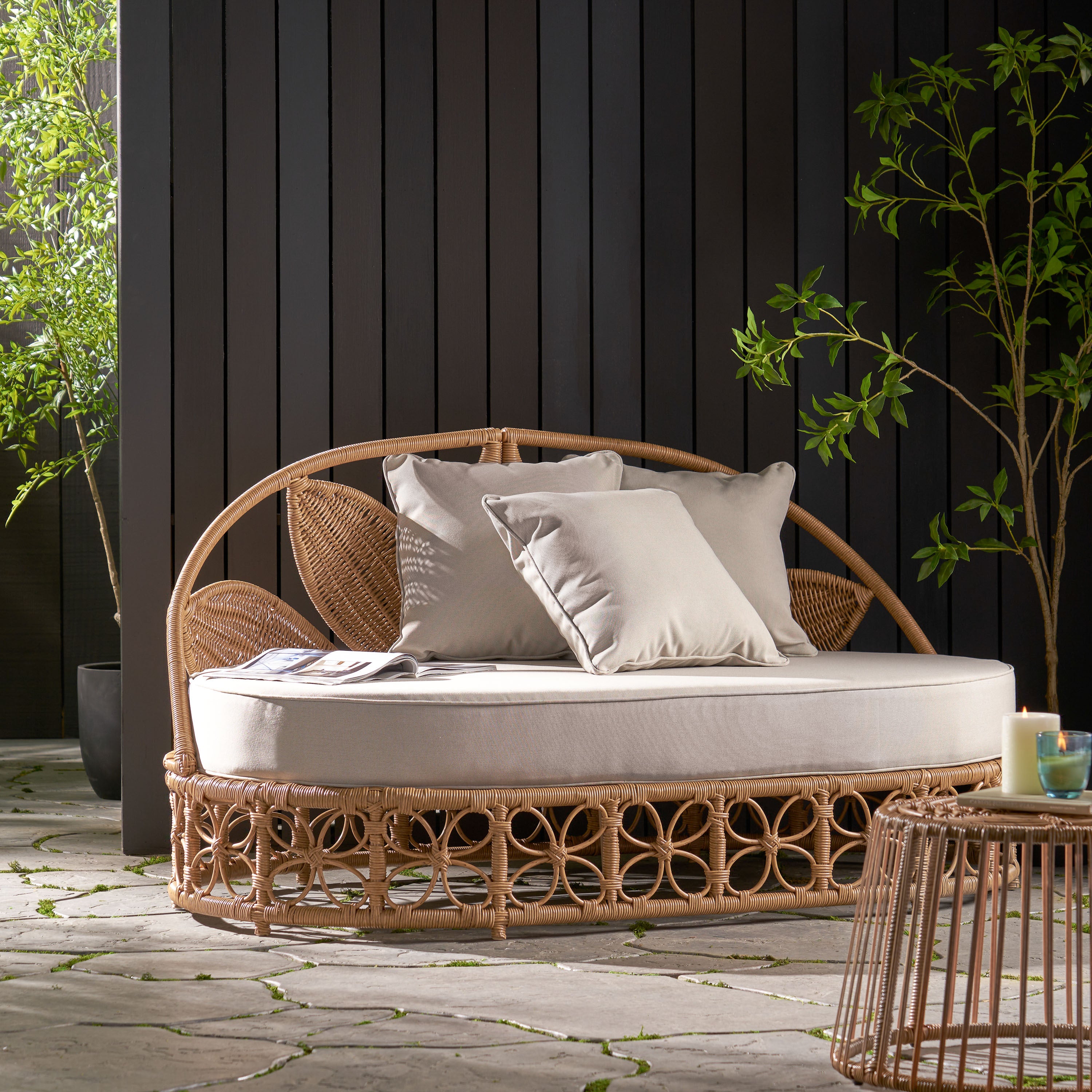 Outdoor Wicker Daybed With Pillows, Light Brown and Beige - Grand Goldman Shop
