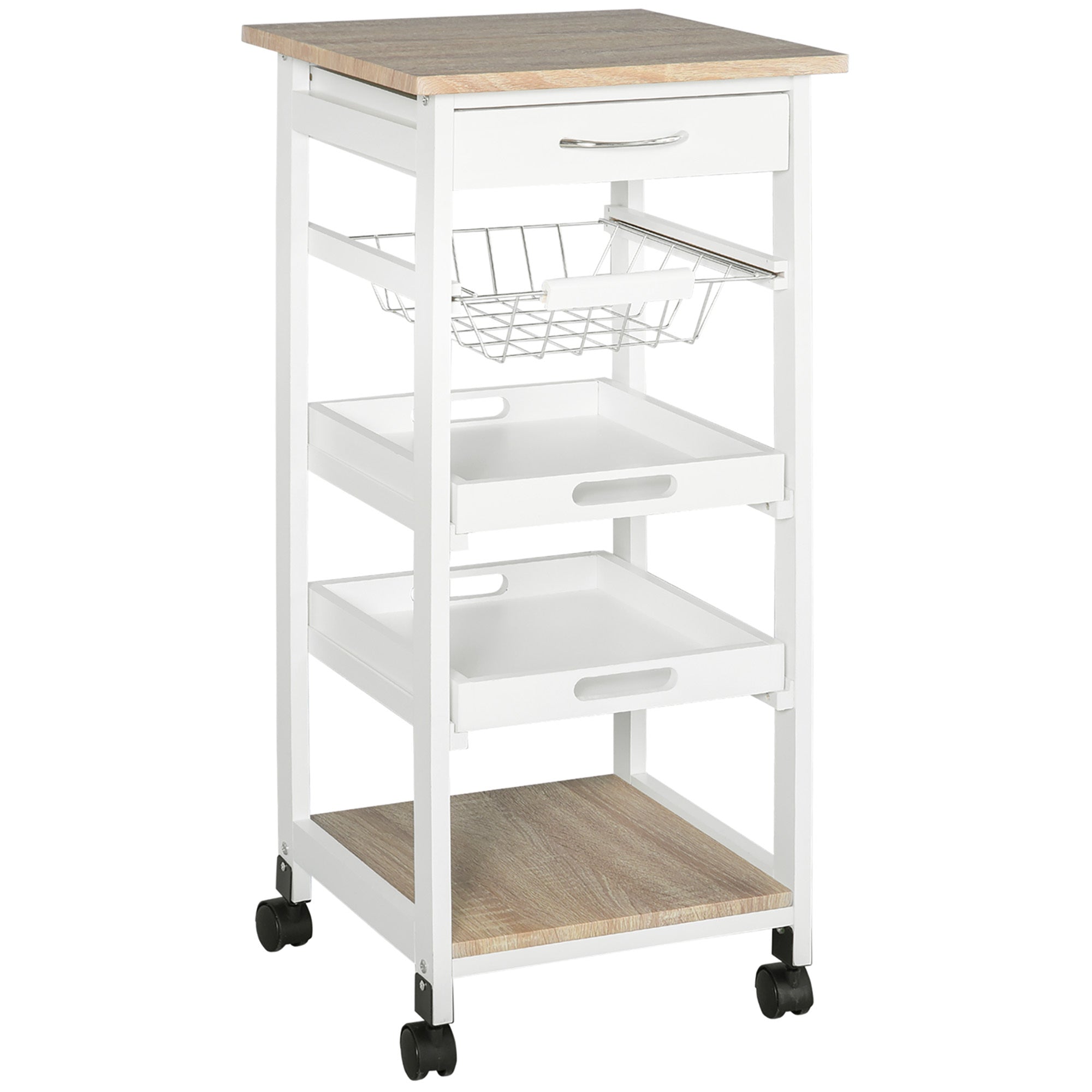 HOMCOM Mobile Kitchen Cart, Rolling Kitchen Island with Storage, Solid Wood Frame Utility Cart with Wire Fruit Baskets, Trays and Drawer, White - Grand Goldman Shop