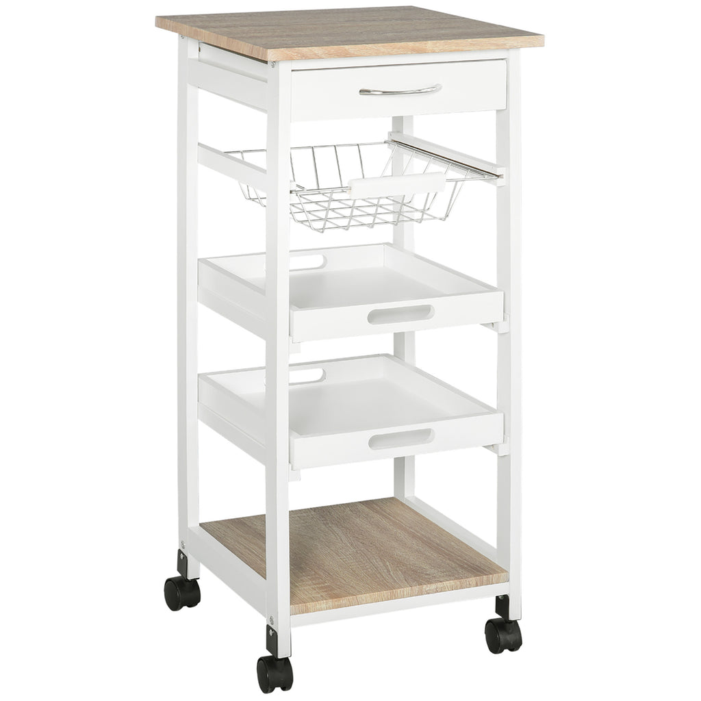 HOMCOM Mobile Kitchen Cart, Rolling Kitchen Island with Storage, Solid Wood Frame Utility Cart with Wire Fruit Baskets, Trays and Drawer, White - Grand Goldman Shop