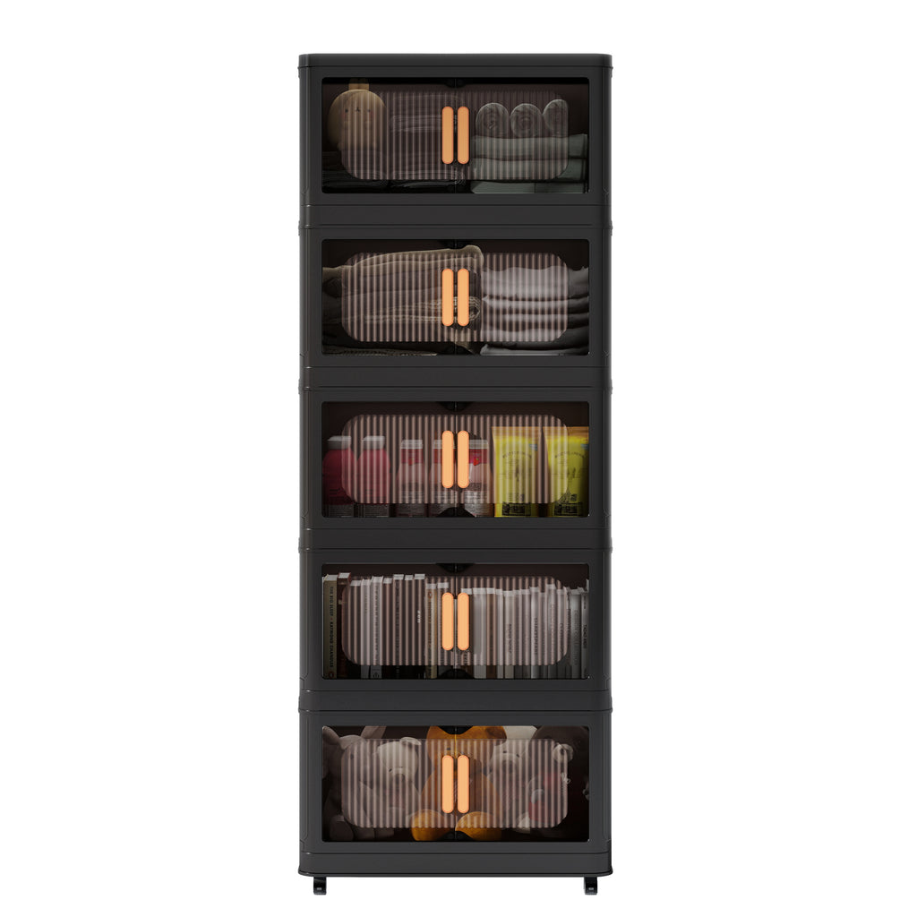 Black,20' Side Wide Folding Storage Cabinet ,5 Tiers,19.69'×11.81'×50.00',Collapsible Storage Bins with Magnetic Door, Plastic Storage Cabinet with Wheels - Grand Goldman Shop