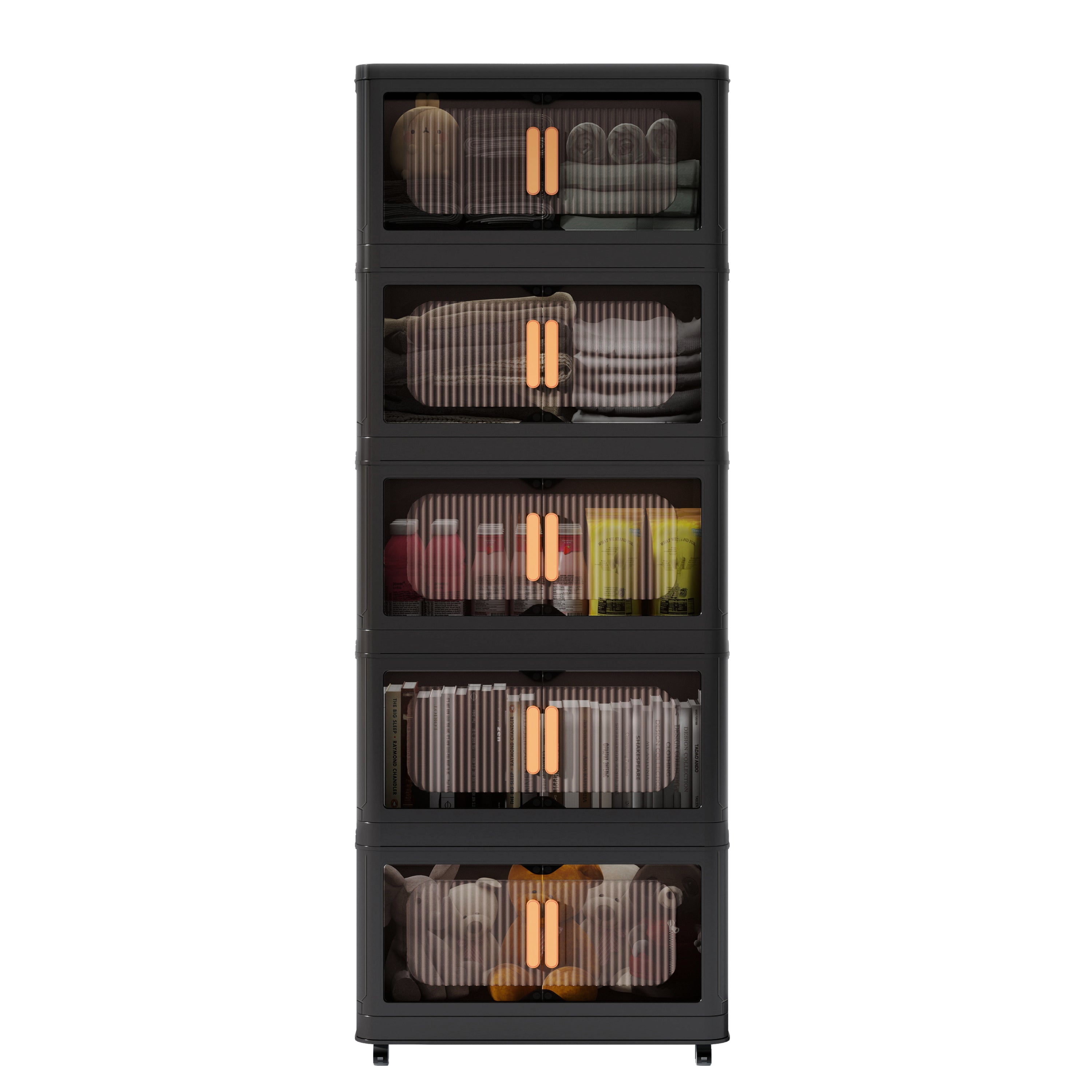 Black,20' Side Wide Folding Storage Cabinet ,5 Tiers,19.69'×11.81'×50.00',Collapsible Storage Bins with Magnetic Door, Plastic Storage Cabinet with Wheels - Grand Goldman Shop
