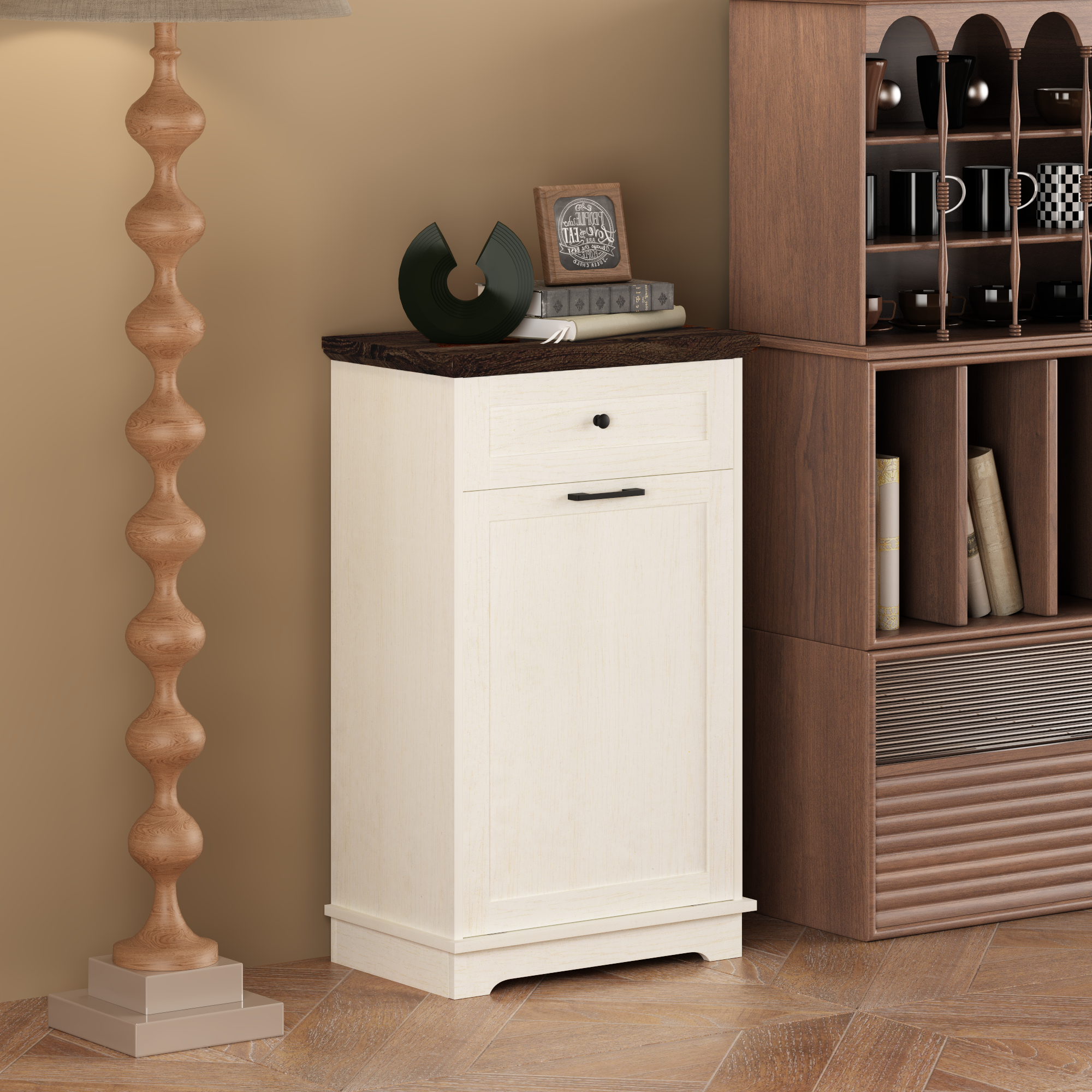 10 Gallon Tilt Out Trash Cabinet Freestanding Trash Bin Cabinet Wood Garbage Recycling Cabinet with Drawer Pet Proof Trash Can Holder for Kitchen Living Room, Antique White (Not include trash can) - Grand Goldman Shop