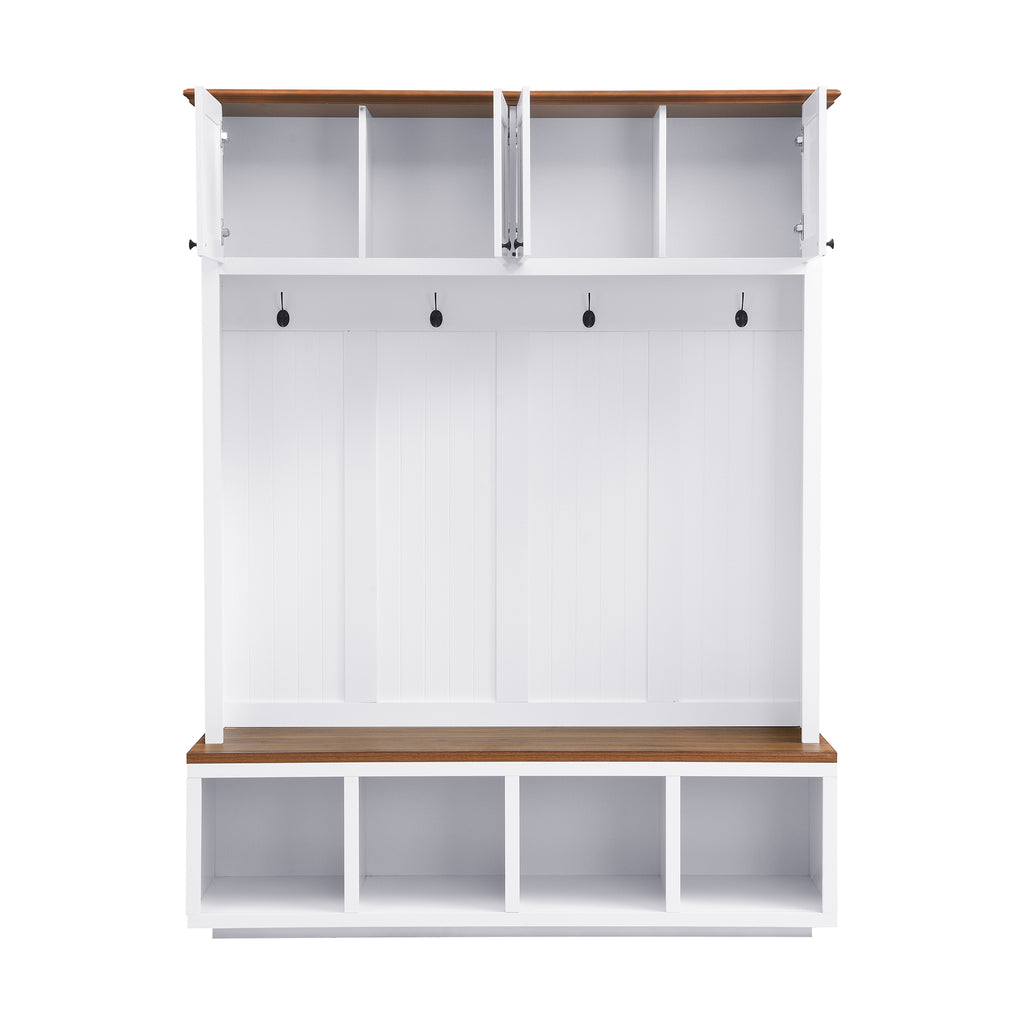 59''W Entryway Hall Tree with Bench and Storage, Farmhouse Wood-grain Accent 4-in-1 Hall Tree with Cabinets, Coat Racks and Hooks for Hallway, Entryway, living room and Mudroom - Grand Goldman Shop