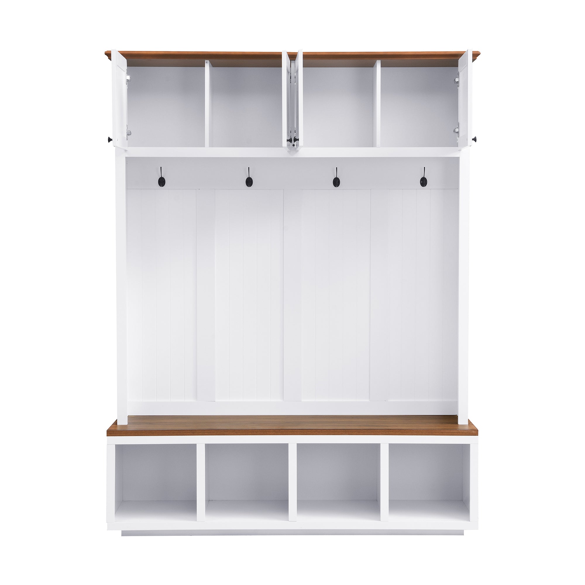 59''W Entryway Hall Tree with Bench and Storage, Farmhouse Wood-grain Accent 4-in-1 Hall Tree with Cabinets, Coat Racks and Hooks for Hallway, Entryway, living room and Mudroom - Grand Goldman Shop