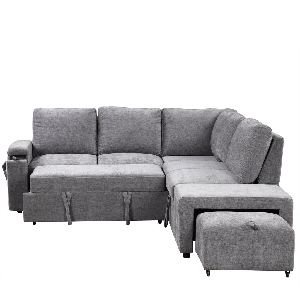 U_STYLE L-shaped Pull-Out Sofa Bed with Storage, USB Ports, and Cup Holders, Modular Design for Living Rooms, Offices & Apartments - Grand Goldman Shop
