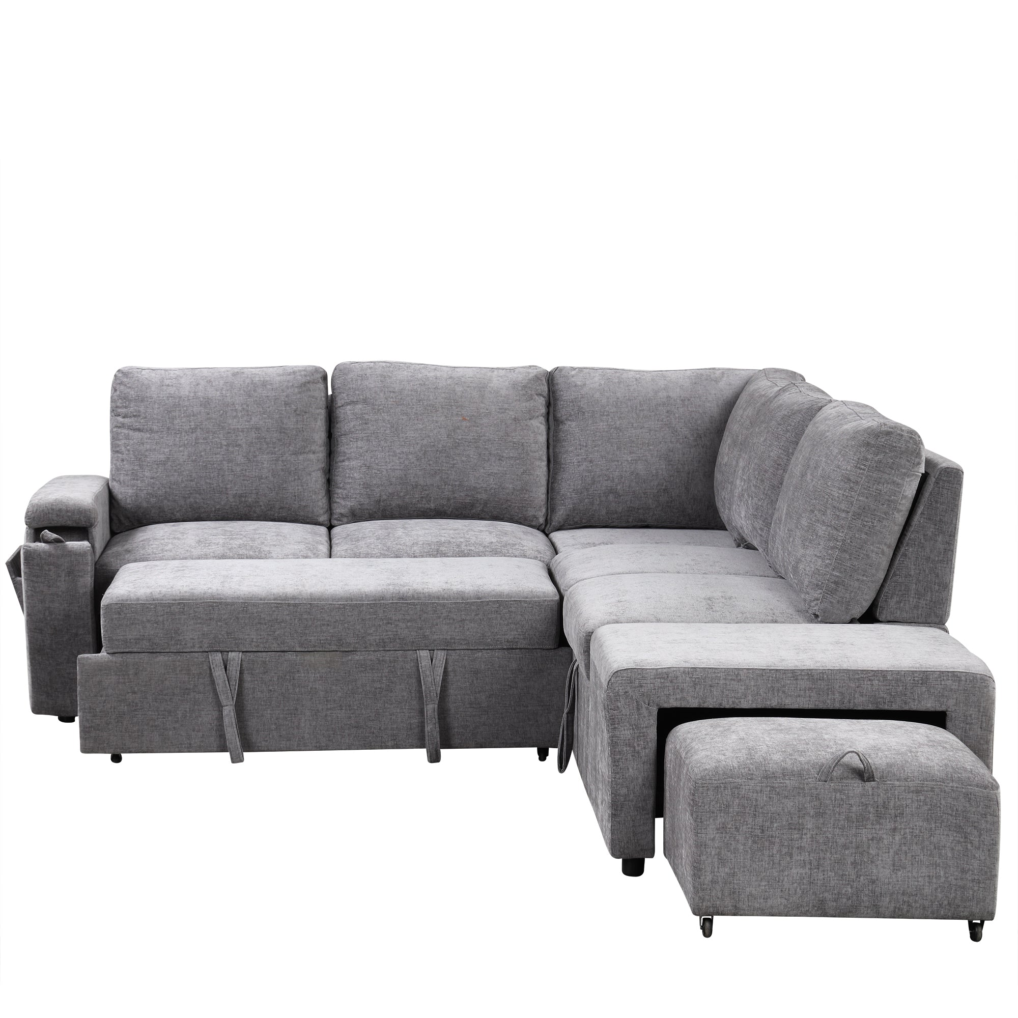 U_STYLE L-shaped Pull-Out Sofa Bed with Storage, USB Ports, and Cup Holders, Modular Design for Living Rooms, Offices & Apartments - Grand Goldman Shop