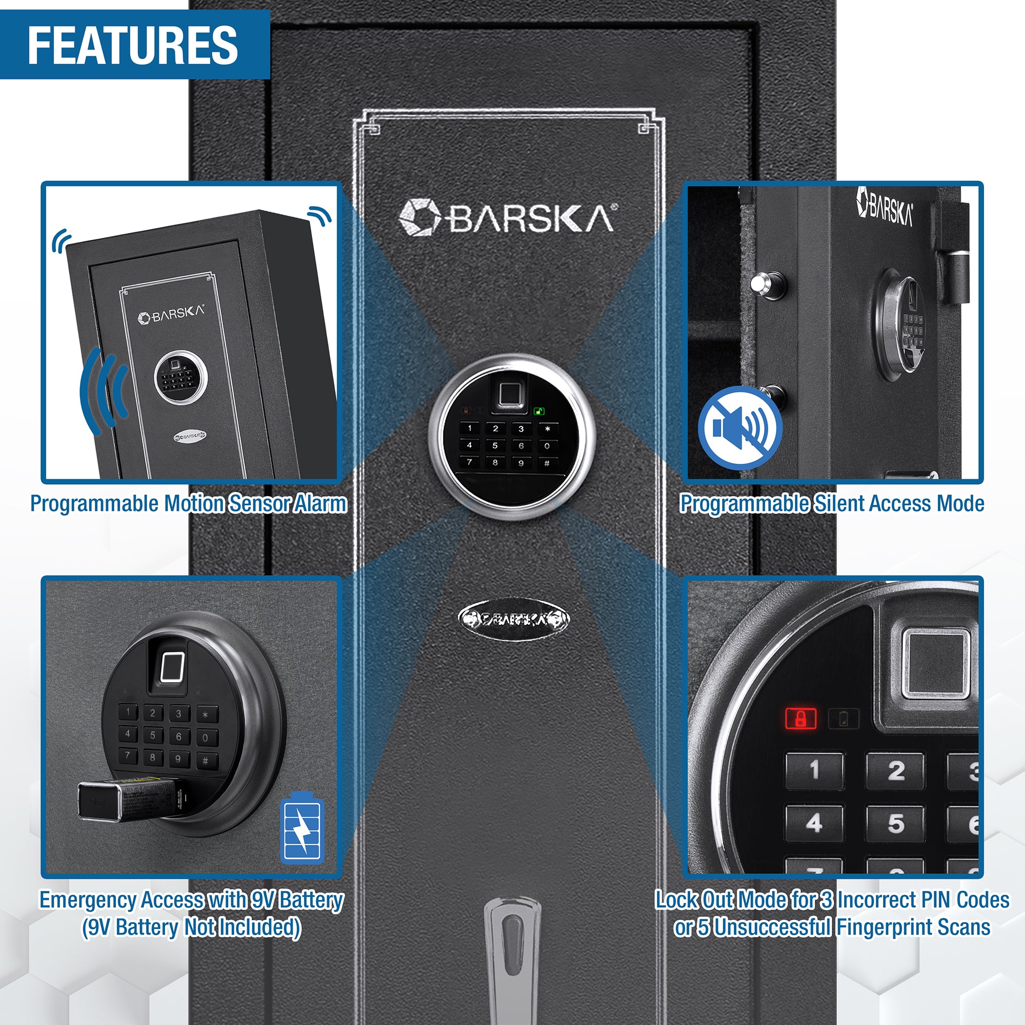 Biometric Keypad Rifle Safe with Advanced Security Features in Black Steel, 5.51 Cubic Ft - Grand Goldman