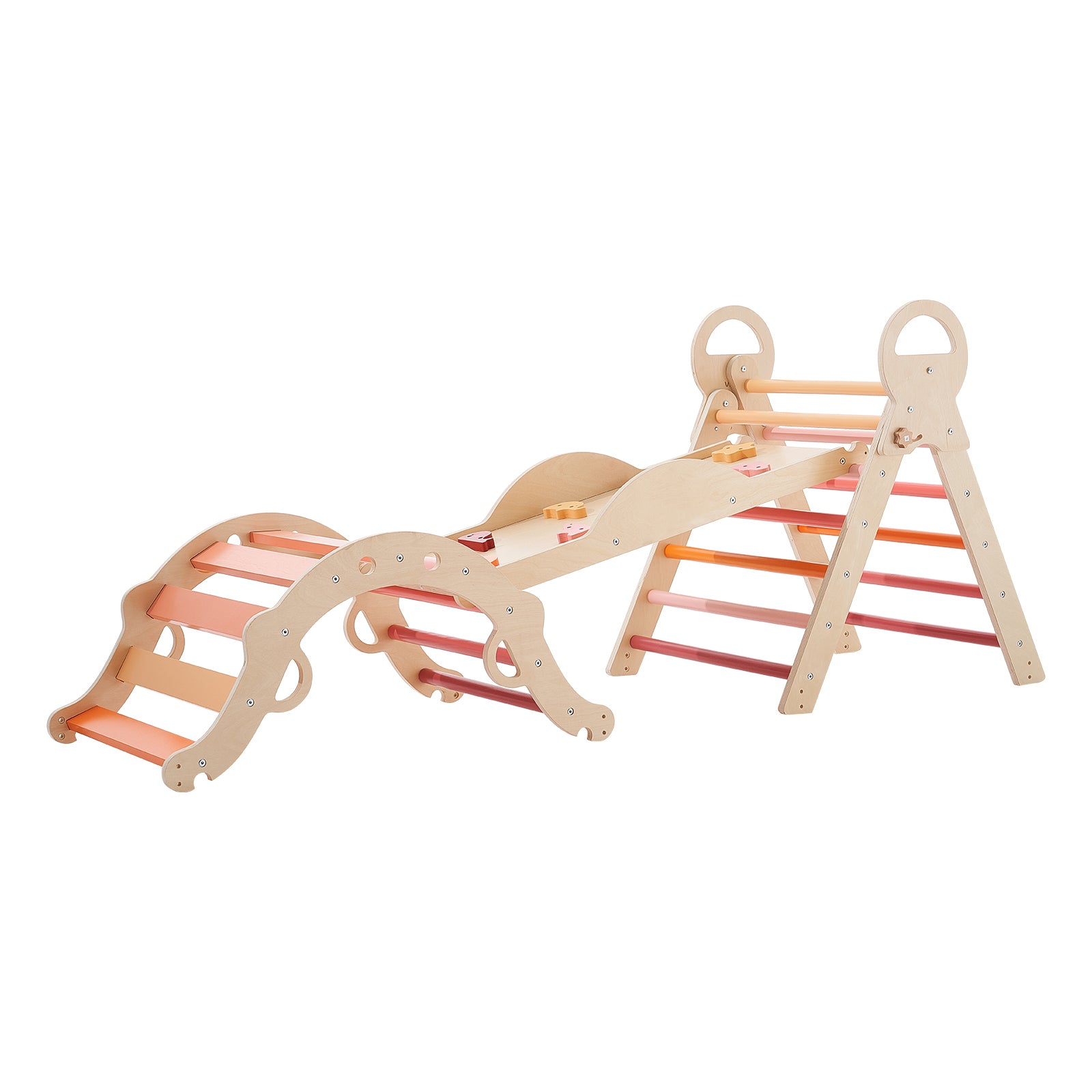 Pikler Triangle Set, 9-in-1 Toddler Climbing Toys Indoor, with 2 Wooden Cars, Cushion, Triangle, Arch, and Ramp, 150 lbs Load