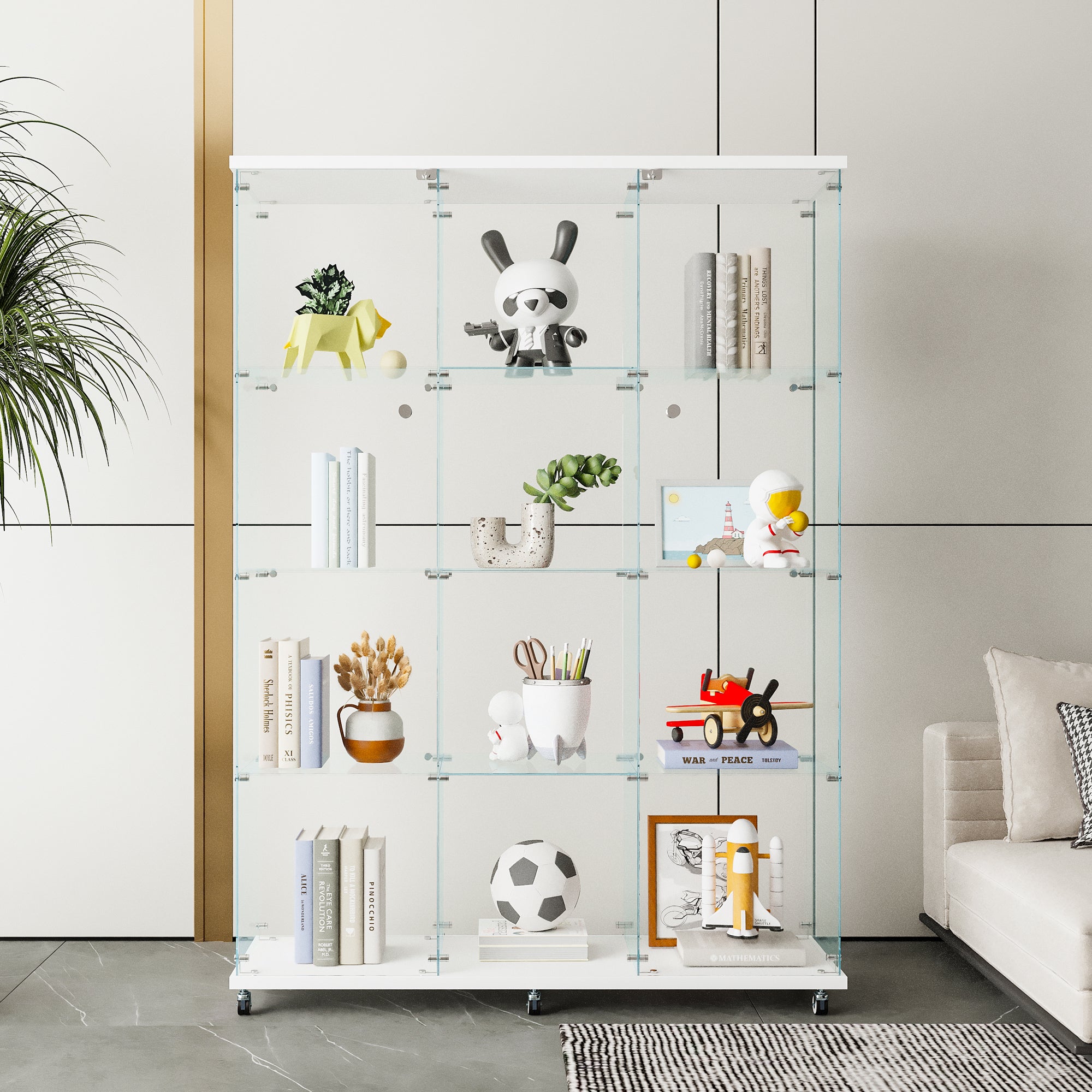 Glass Display Cabinet with 4 Shelves Extra Large, Curio Cabinets for Living Room, Bedroom, Office, Black Floor Standing Glass