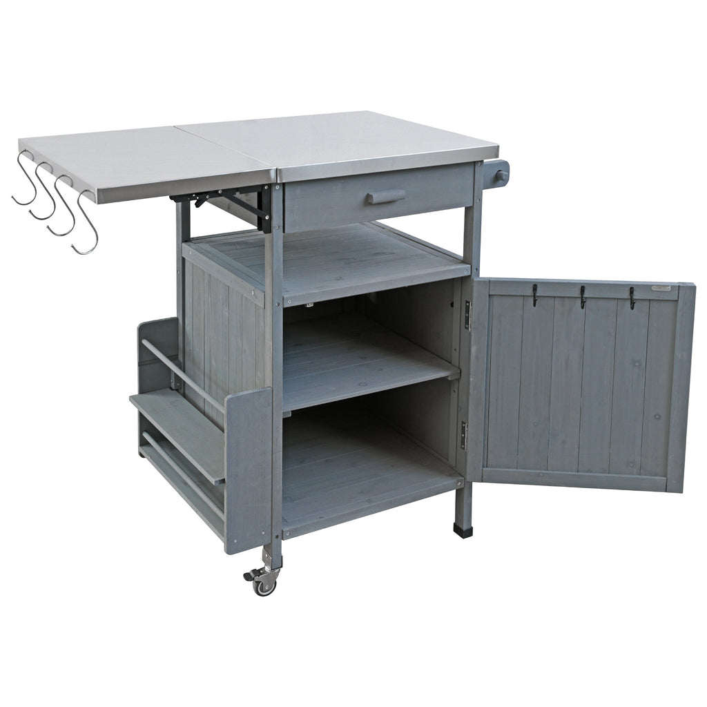 K&K 40.5' Outdoor Grill Cart with Stainless Steel Top, Solid Wood Outdoor Storage Cabinet with Drop Leaf, One Drawer, Towel Rack, Rolling Kitchen Cart with Lockable Wheels for Lawn Garden, Blue Grey - Grand Goldman Shop