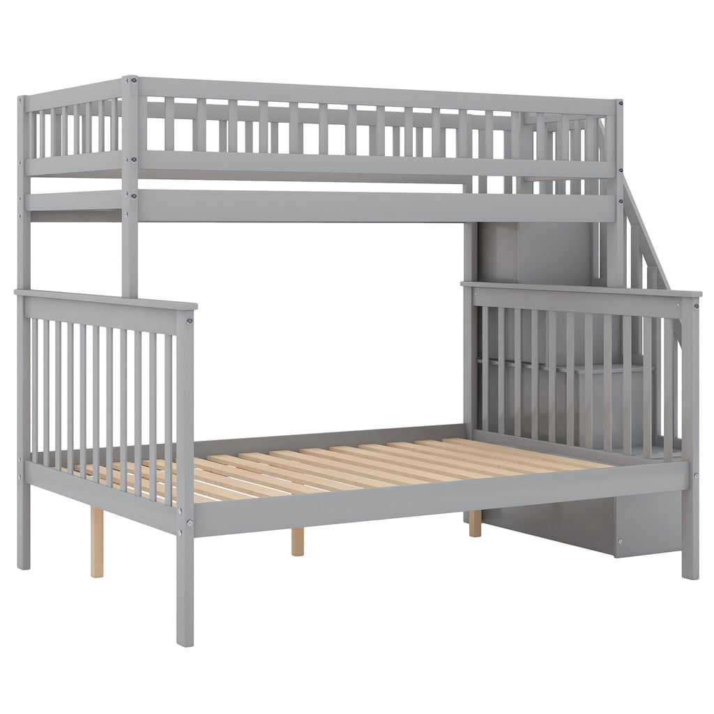 Twin Over Full Stairway Bunk Bed with Storage in Gray, Solid Pine Wood and MDF, 90.8''L x 57.8''W x 65.3''H - Grand Goldman Shop