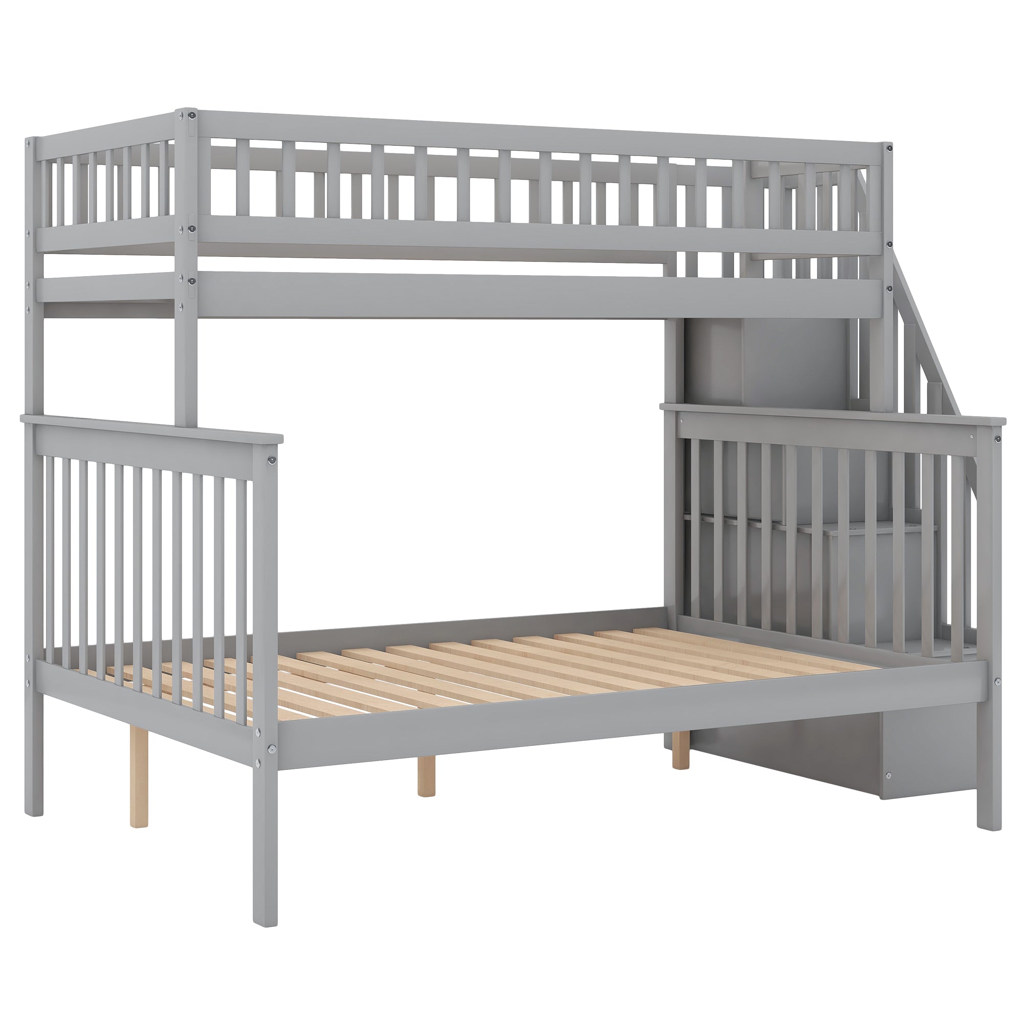 Twin Over Full Stairway Bunk Bed with Storage in Gray, Solid Pine Wood and MDF, 90.8''L x 57.8''W x 65.3''H - Grand Goldman Shop