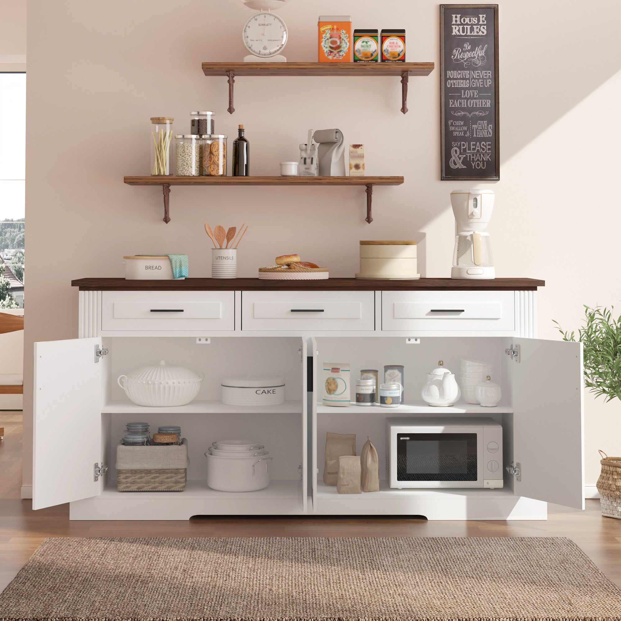 Modern Fluted Sideboard Buffet Cabinet with 4 Doors 3 Drawers, White MDF Storage Console Table for Living Room Dining Room Entryway, 63.11' L x 15.75' W x 32' H - Grand Goldman Shop