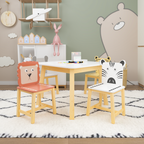 Kids Wood Table and Chair Set with Cartoon Animals Design, White Solid Wood & MDF Furniture for Ages 3-8, 5-Piece Table and C