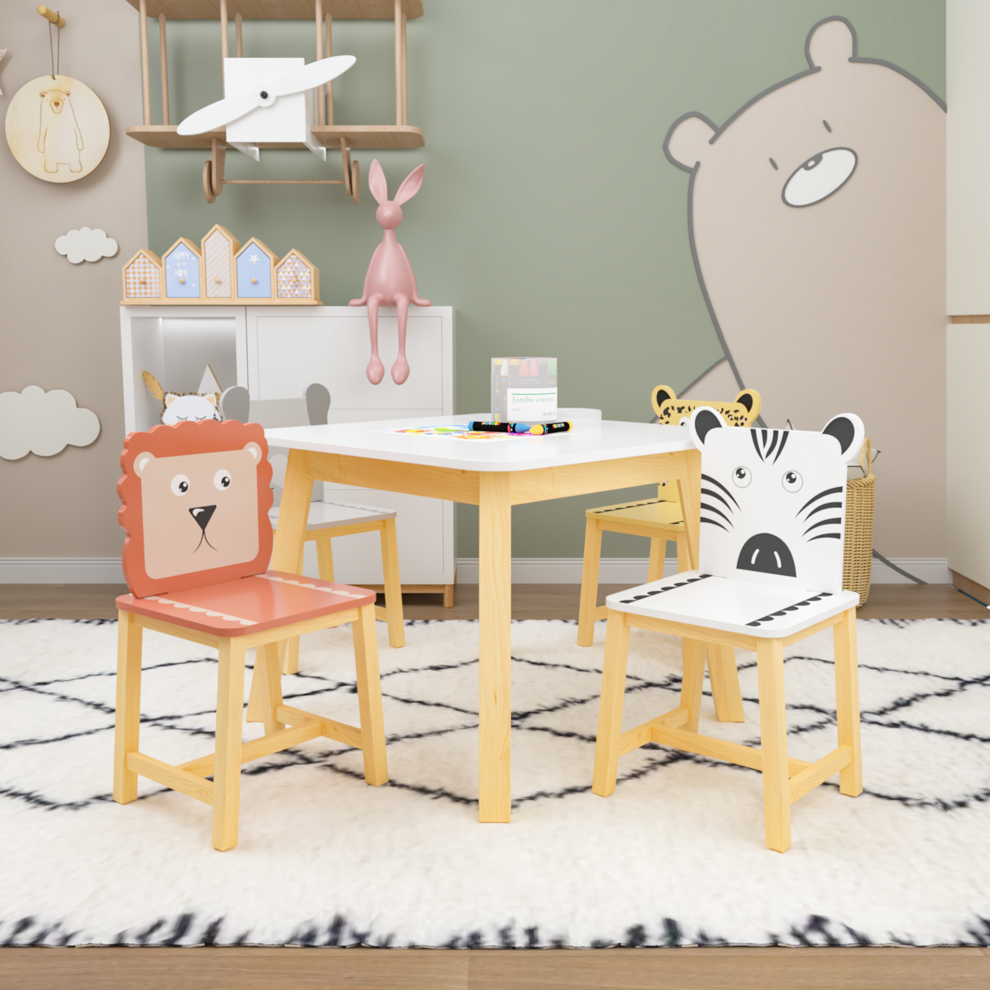 Kids Wood Table and Chair Set with Cartoon Animals Design, White Solid Wood & MDF Furniture for Ages 3-8, 5-Piece Table and C