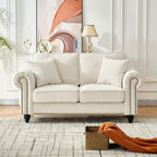 Modern 2-Seater Sofa with Rolled Arms, Tufted Upholstery, Wood Legs, Nailhead Trim, Beige Fabric, 63' - Grand Goldman Shop