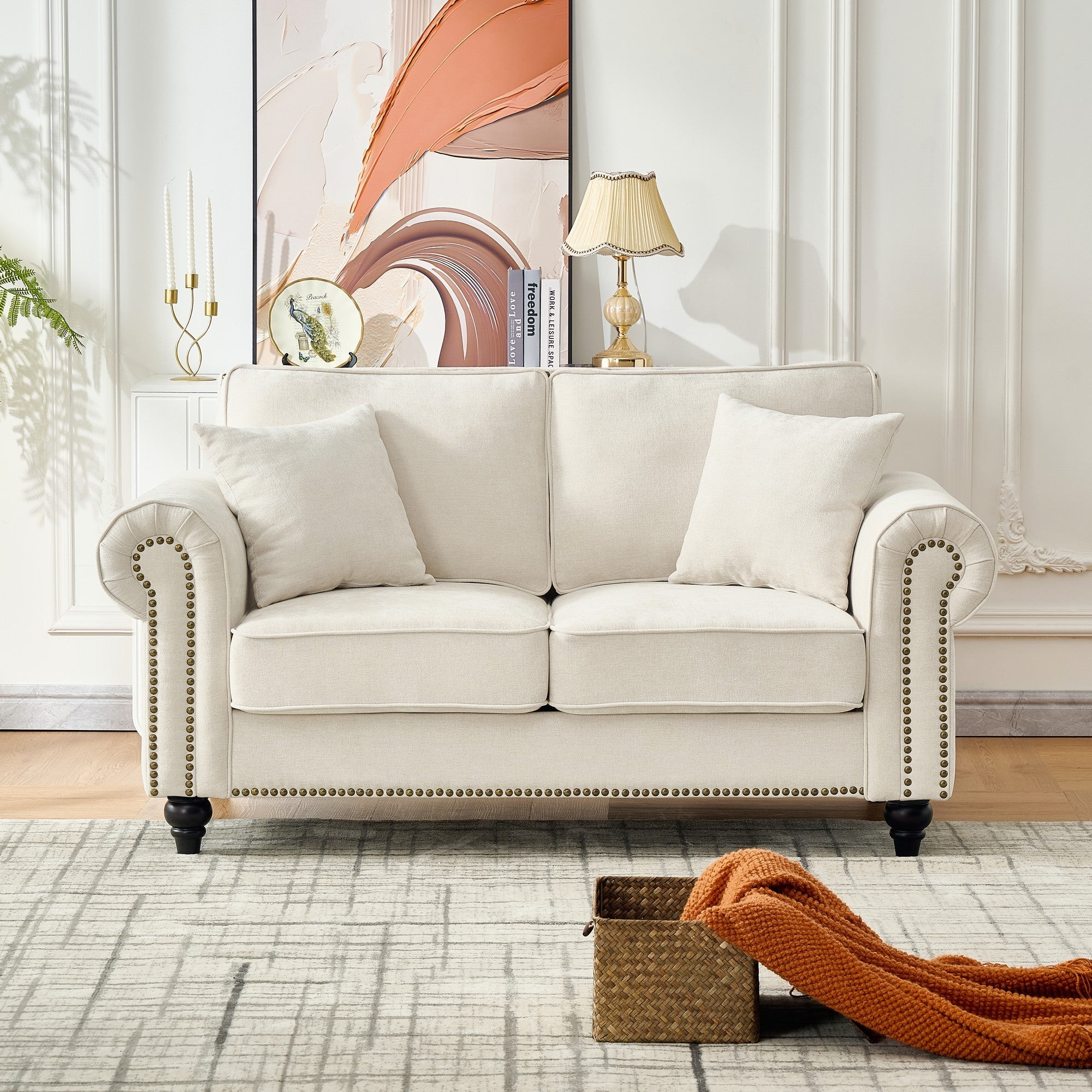 Modern 2-Seater Sofa with Rolled Arms, Tufted Upholstery, Wood Legs, Nailhead Trim, Beige Fabric, 63' - Grand Goldman Shop